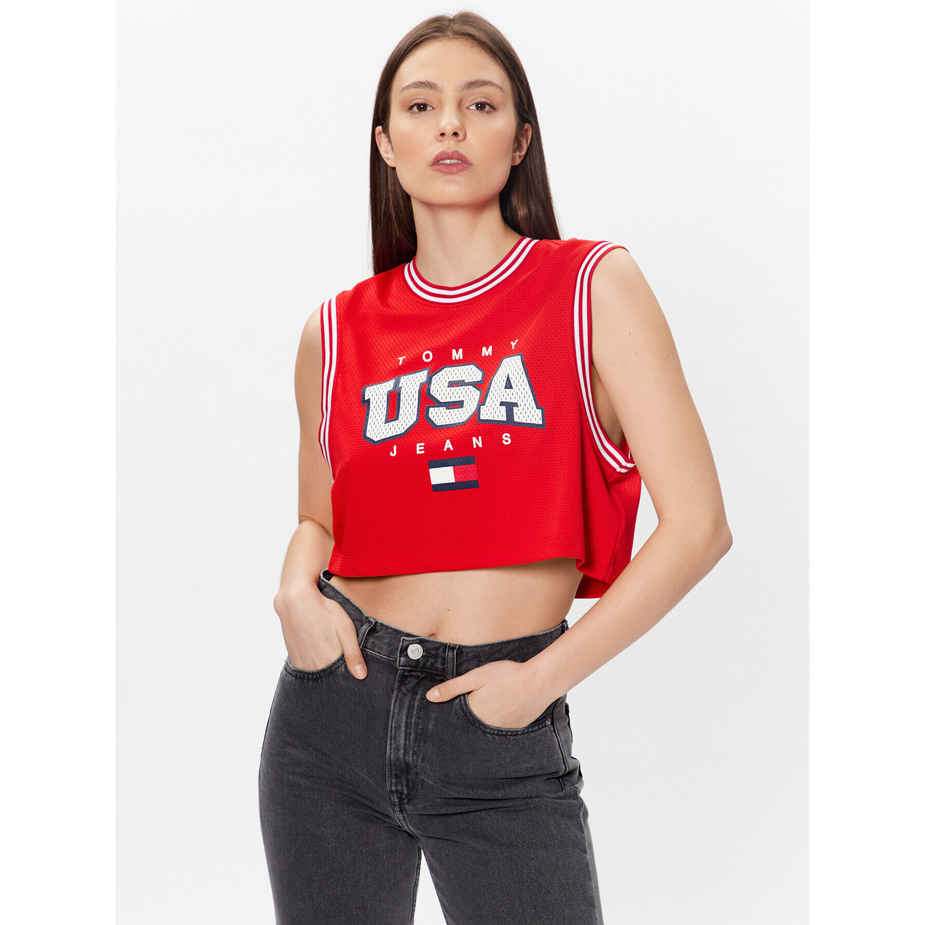 Tommy Jeans Bluză USA Basketball DW0DW15304 Roșu Cropped Fit - Pled.ro