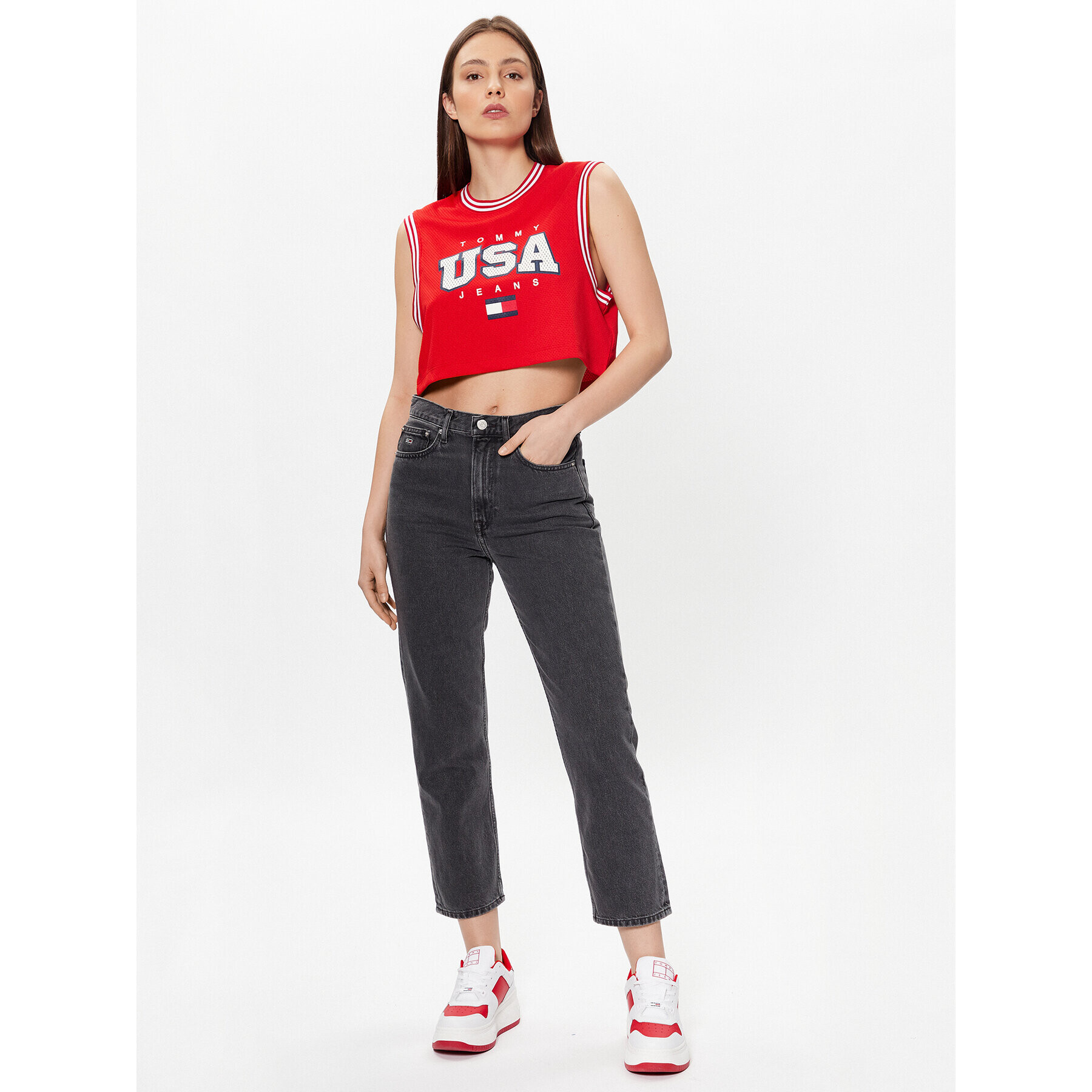 Tommy Jeans Bluză USA Basketball DW0DW15304 Roșu Cropped Fit - Pled.ro