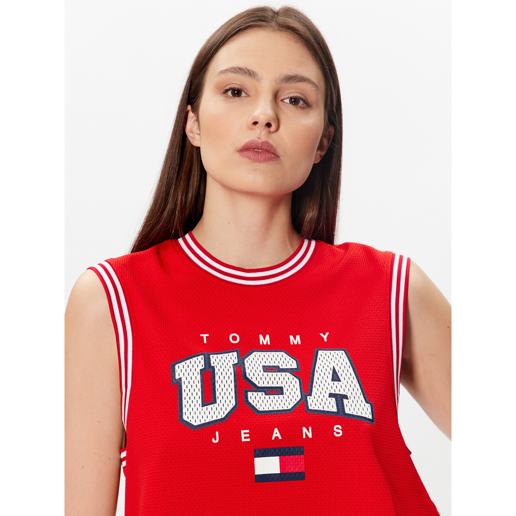 Tommy Jeans Bluză USA Basketball DW0DW15304 Roșu Cropped Fit - Pled.ro