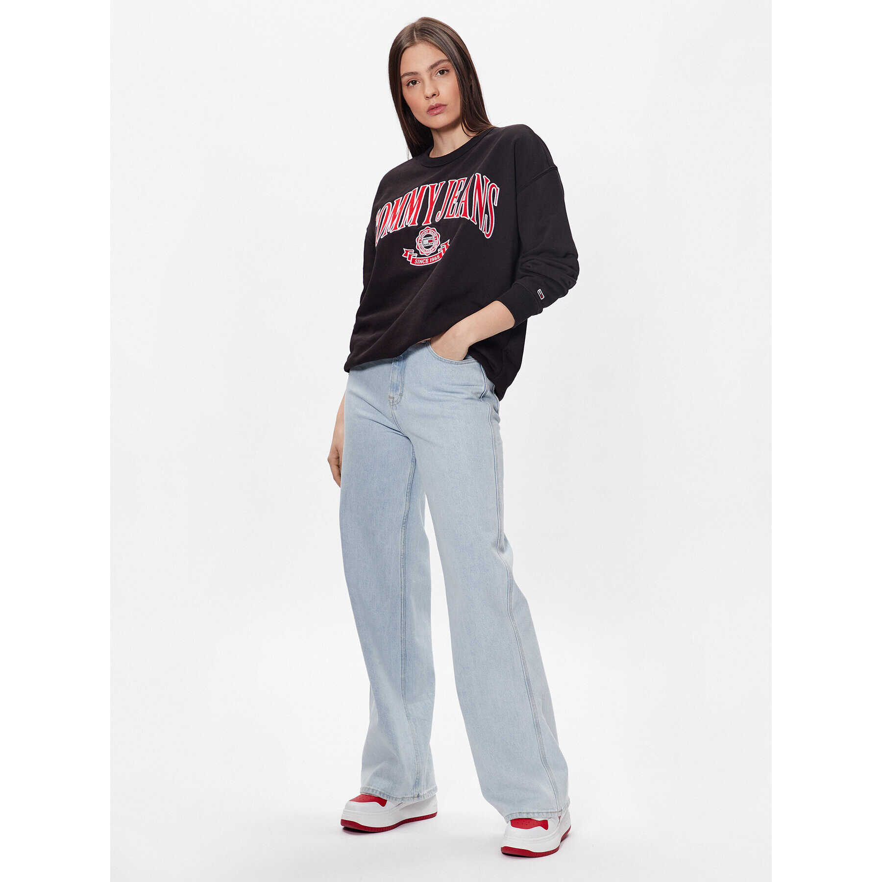 Tommy Jeans Bluză Varsity Prep 1 Crew DW0DW15419 Negru Oversize - Pled.ro