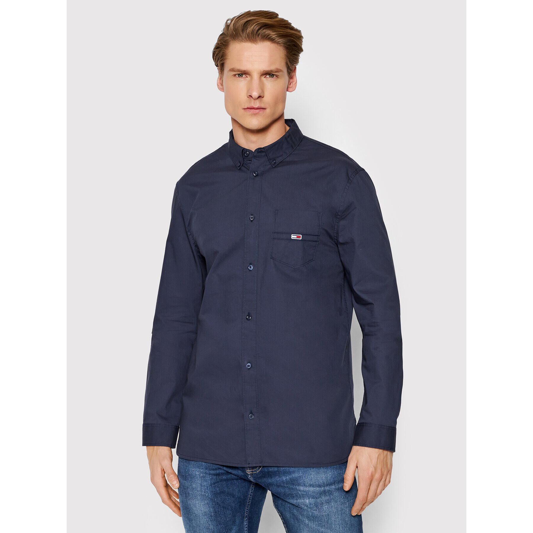 Tommy Jeans Cămașă Solid Poplin DM0DM12343 Bleumarin Regular Fit - Pled.ro