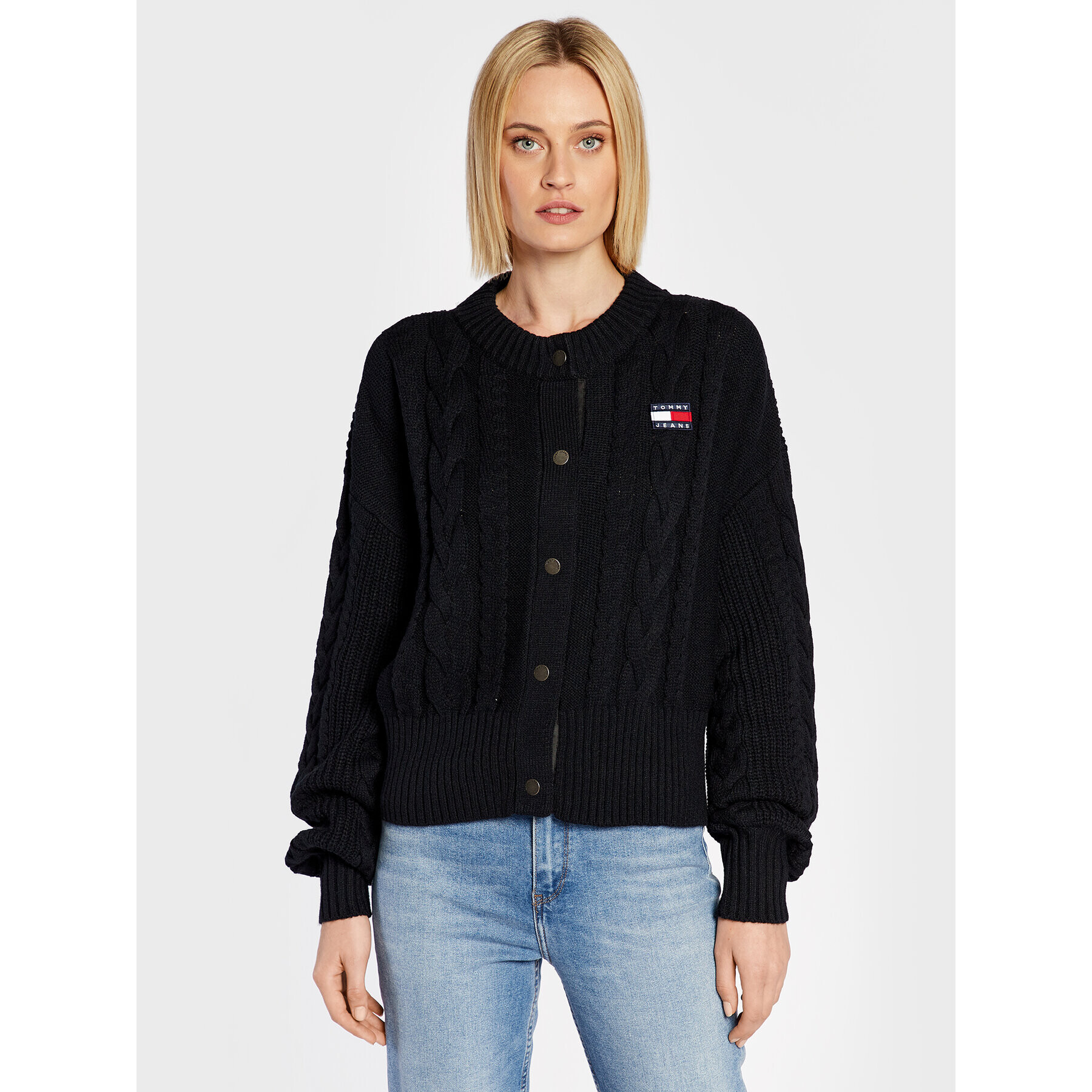 Tommy Jeans Cardigan Badge Cable DW0DW14263 Negru Oversize - Pled.ro