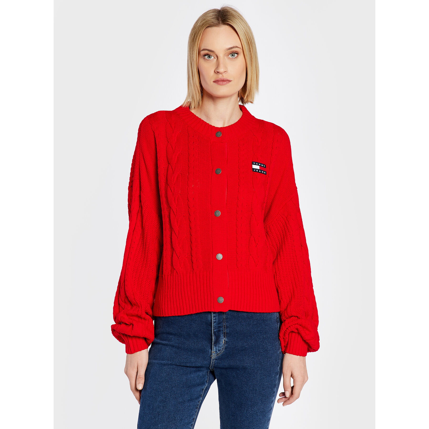 Tommy Jeans Cardigan Badge Cable DW0DW14263 Roșu Oversize - Pled.ro