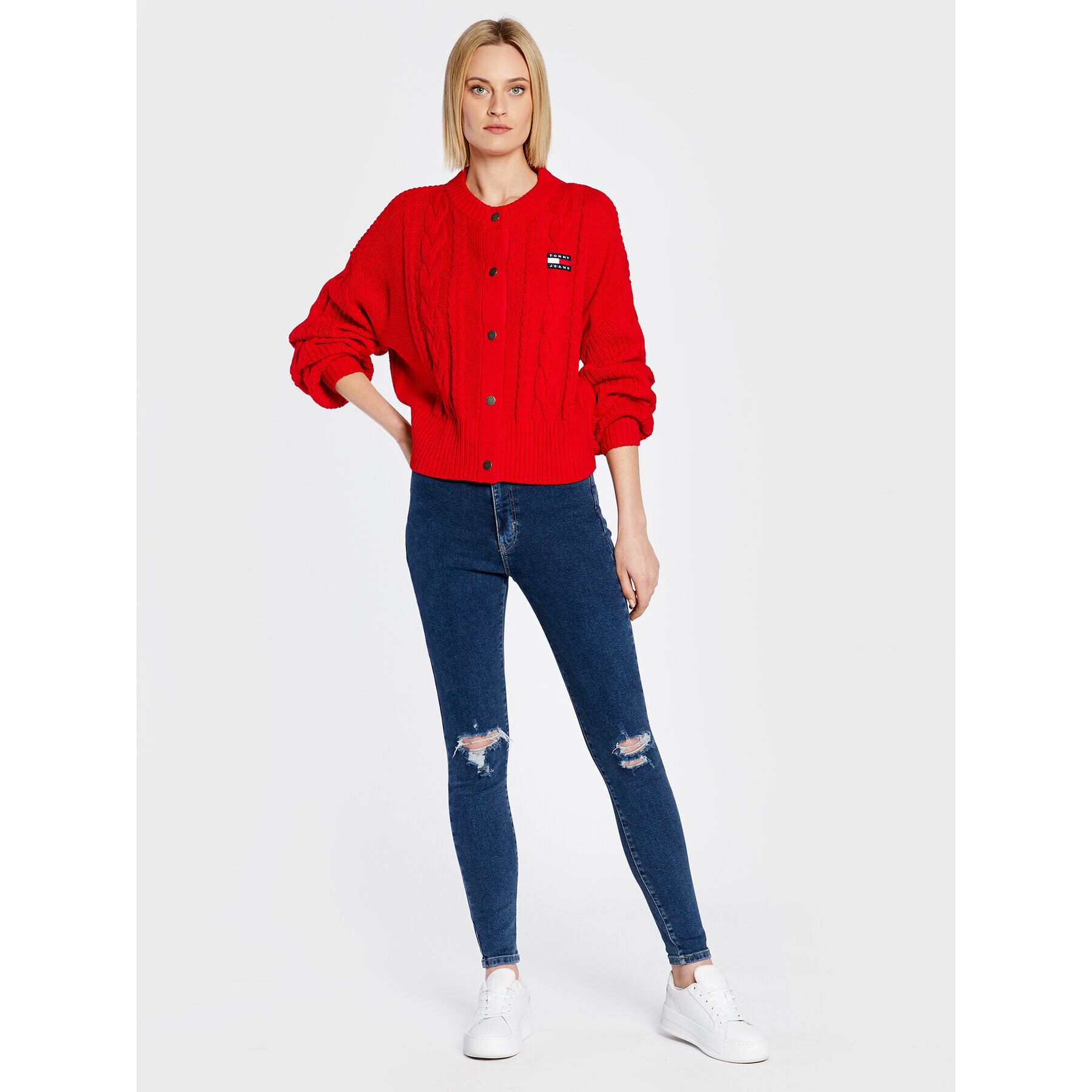 Tommy Jeans Cardigan Badge Cable DW0DW14263 Roșu Oversize - Pled.ro