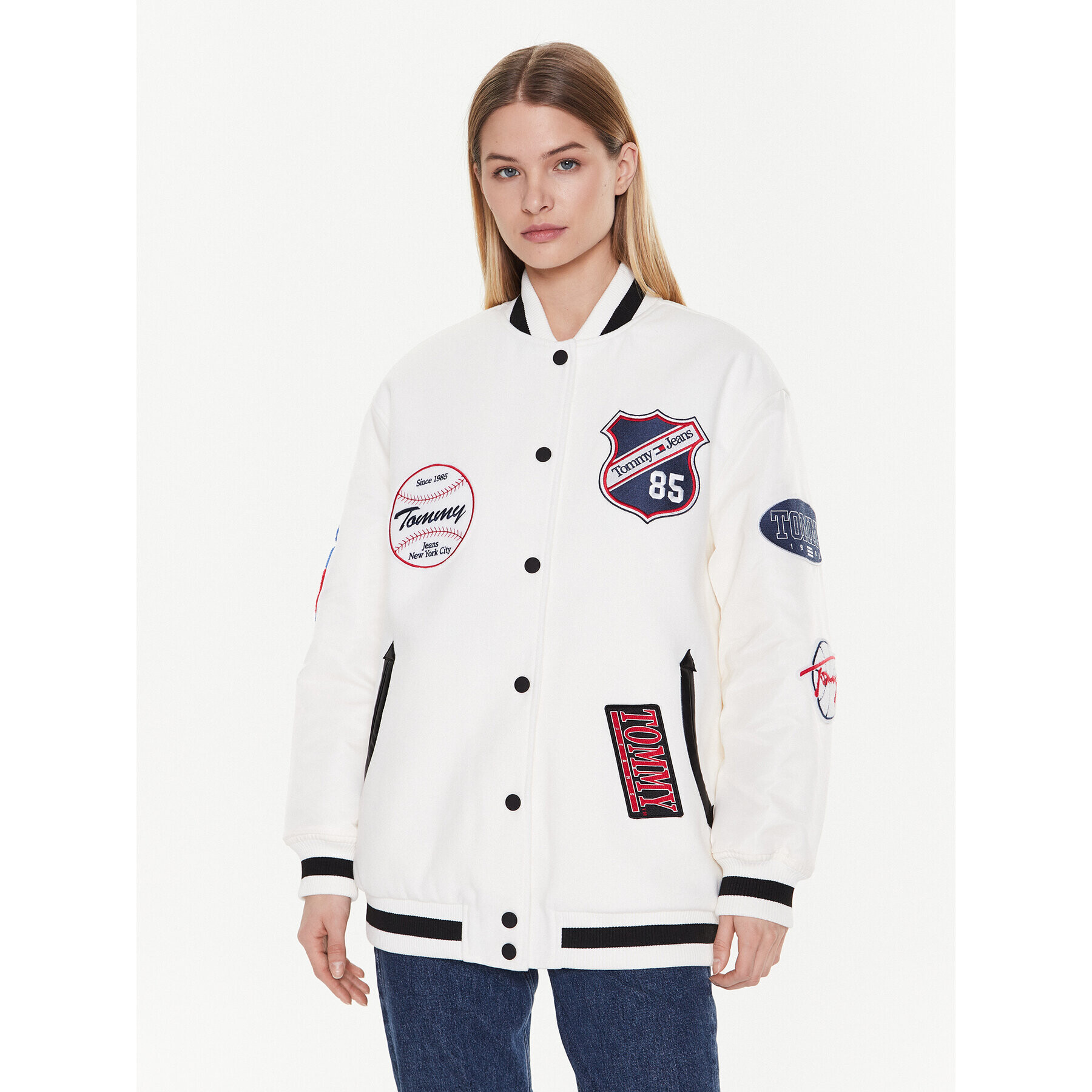 Tommy Jeans Geacă bomber Letterman DW0DW14940 Alb Oversize - Pled.ro