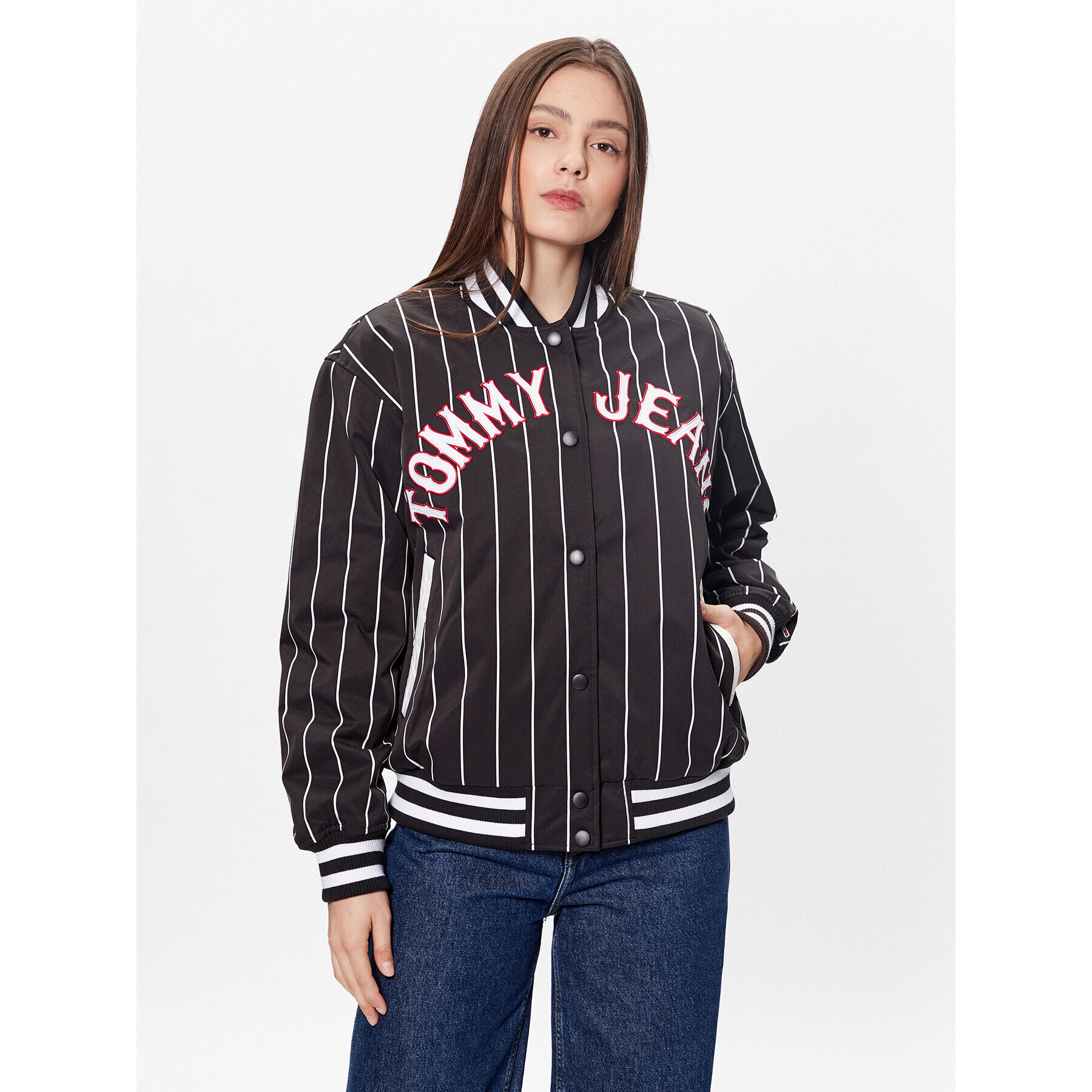 Tommy Jeans Geacă bomber Pinstripe Letterman DW0DW15336 Negru Relaxed Fit - Pled.ro