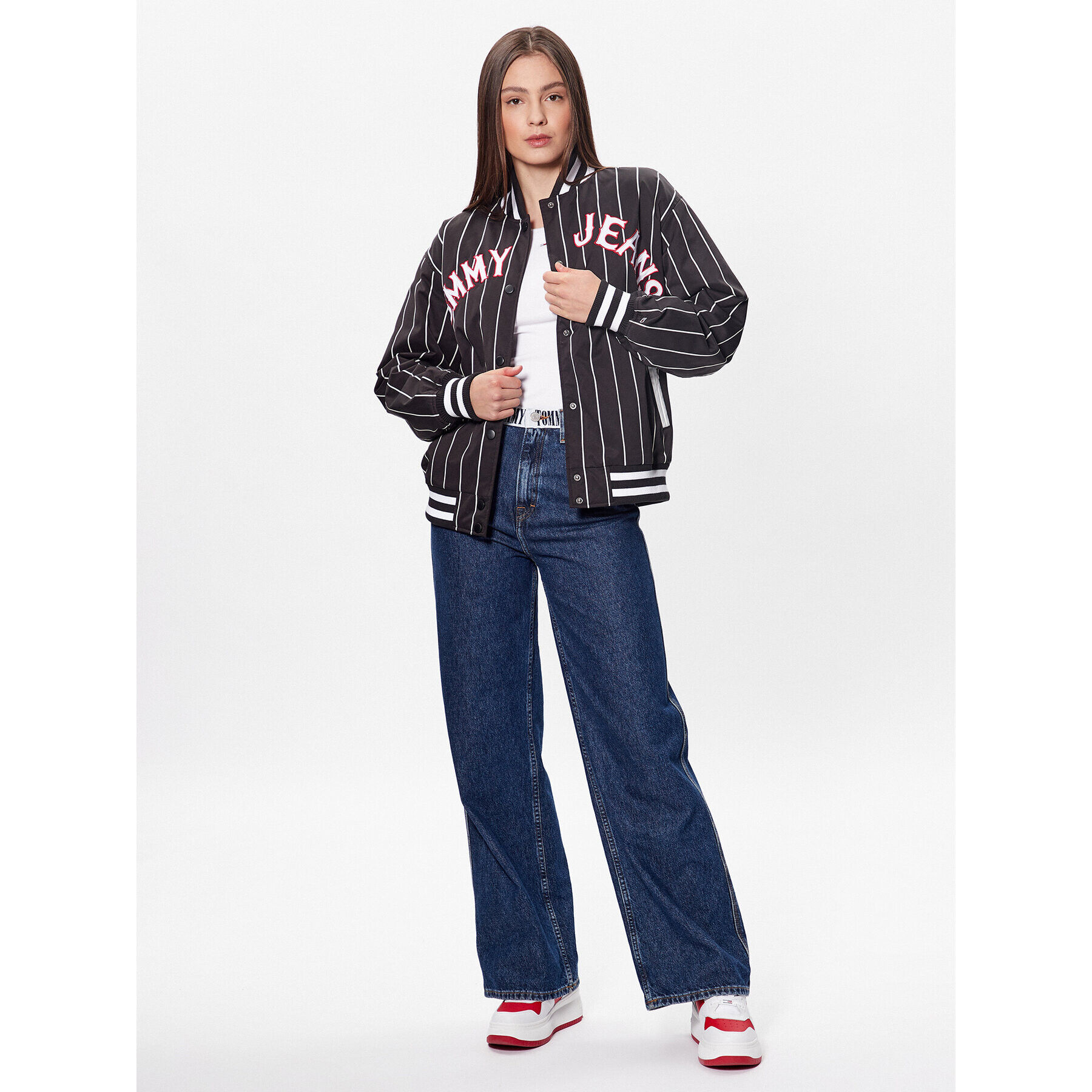 Tommy Jeans Geacă bomber Pinstripe Letterman DW0DW15336 Negru Relaxed Fit - Pled.ro