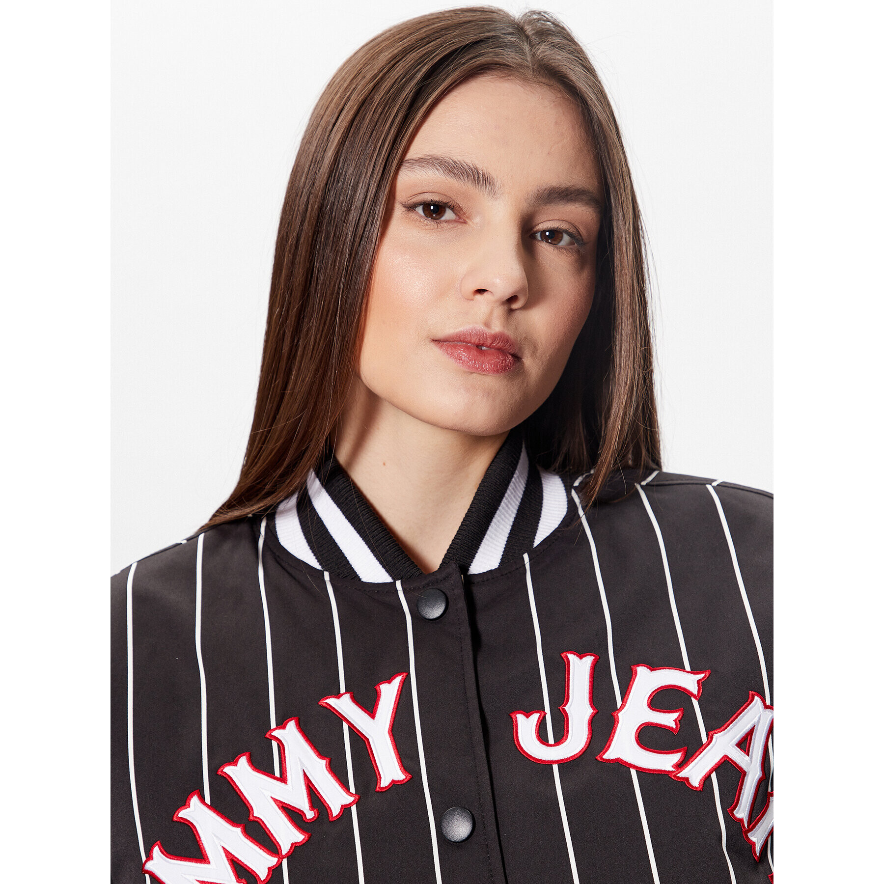 Tommy Jeans Geacă bomber Pinstripe Letterman DW0DW15336 Negru Relaxed Fit - Pled.ro