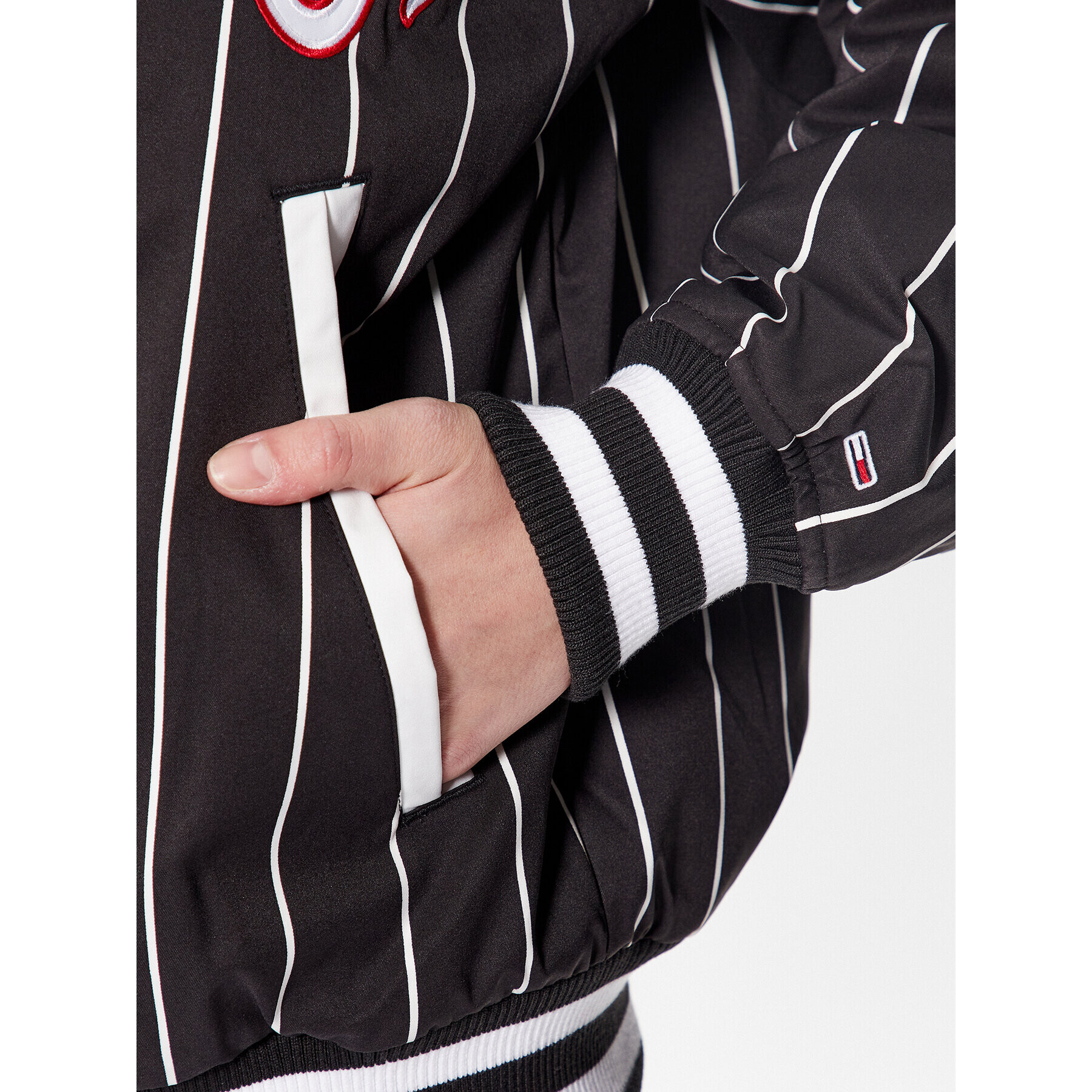 Tommy Jeans Geacă bomber Pinstripe Letterman DW0DW15336 Negru Relaxed Fit - Pled.ro