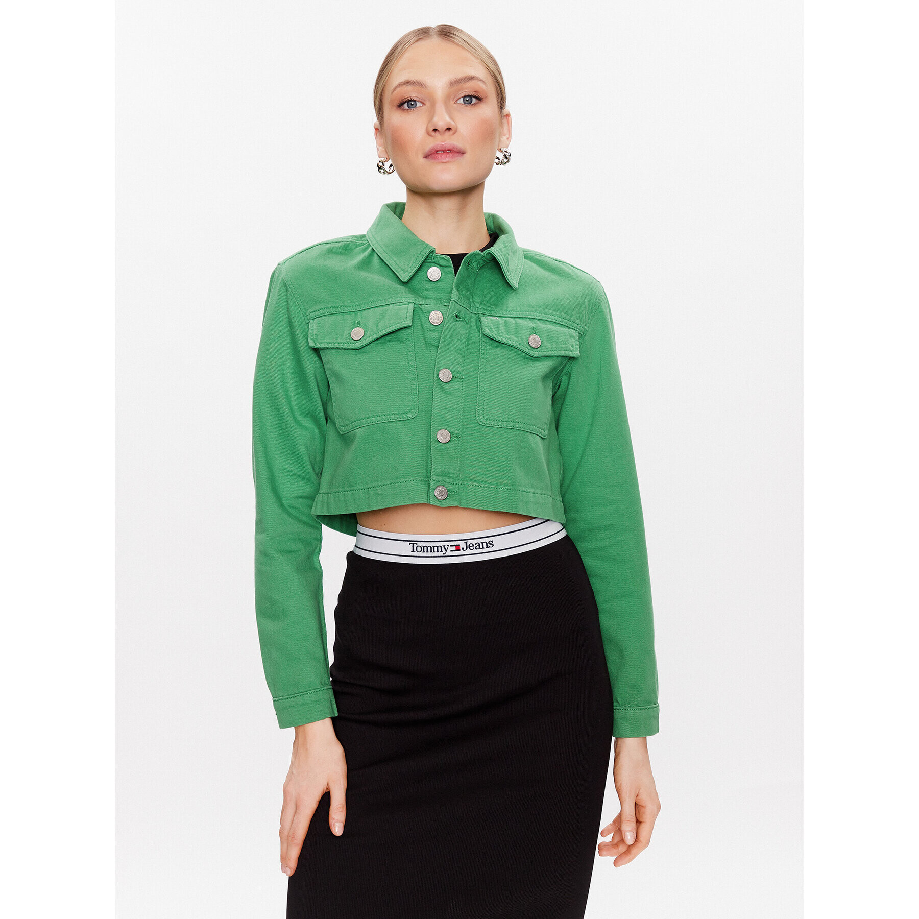 Tommy Jeans Geacă de blugi DW0DW15666 Verde Cropped Fit - Pled.ro