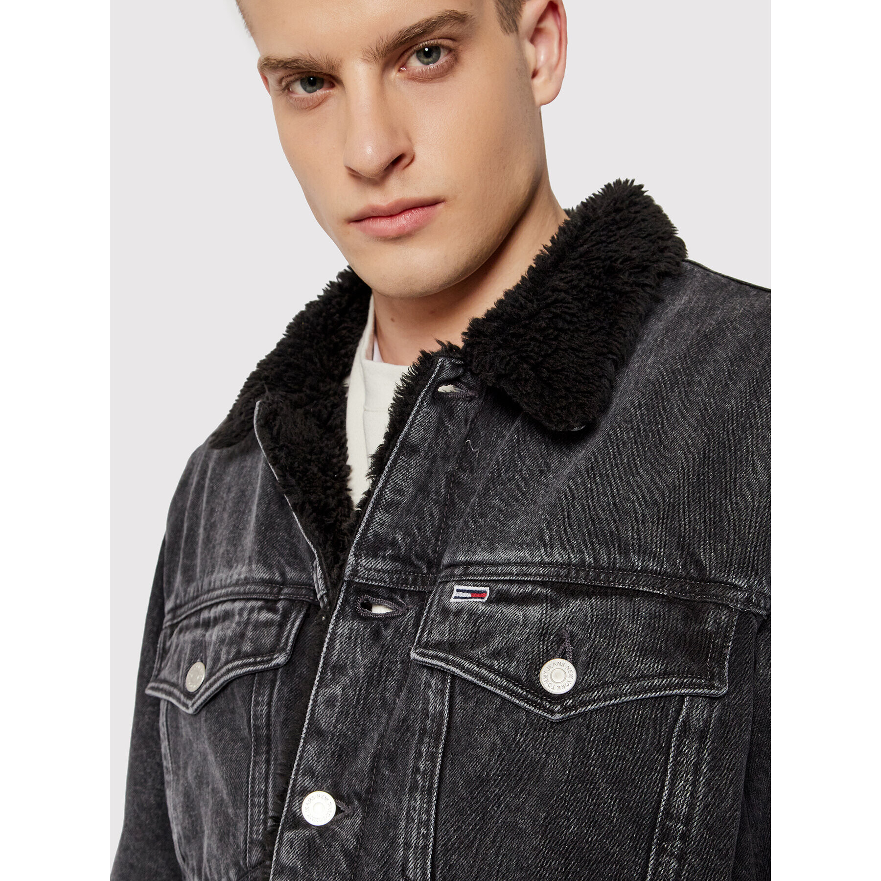 Tommy Jeans Geacă de blugi Sherpa DM0DM11569 Negru Oversize - Pled.ro