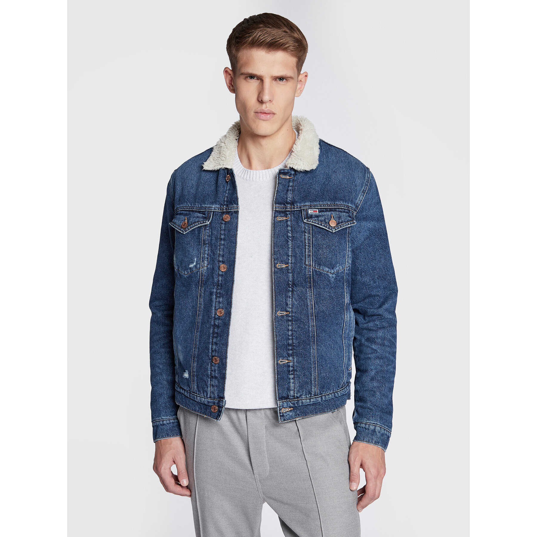 Tommy Jeans Geacă de blugi Sherpa Trucker DM0DM15113 Albastru Regular Fit - Pled.ro