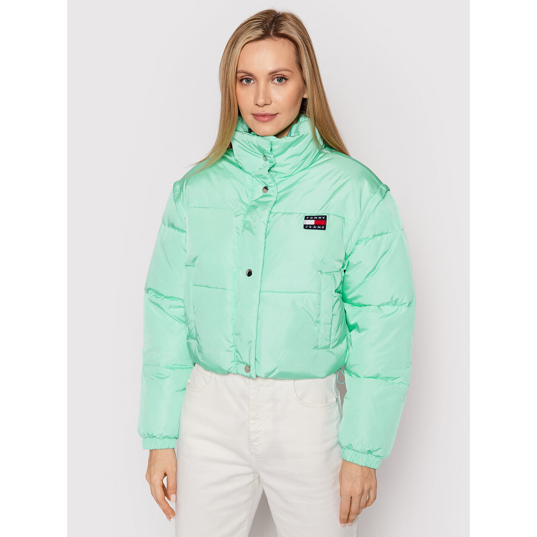 Tommy Jeans Geacă din puf Crop Vest Puffer DW0DW11840 Verde Cropped Fit - Pled.ro