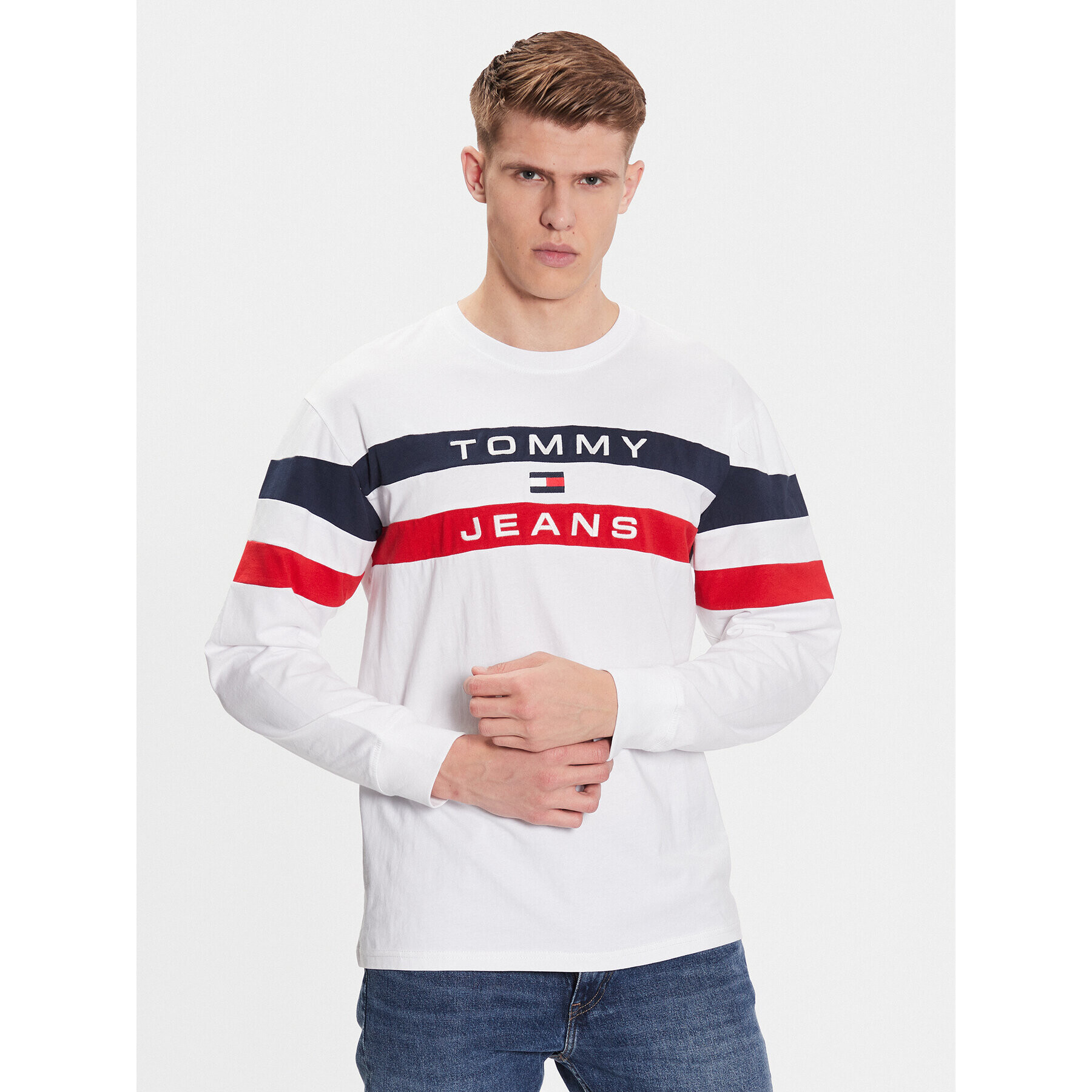 Tommy Jeans Longsleeve Colorblock DM0DM16834 Alb Relaxed Fit - Pled.ro