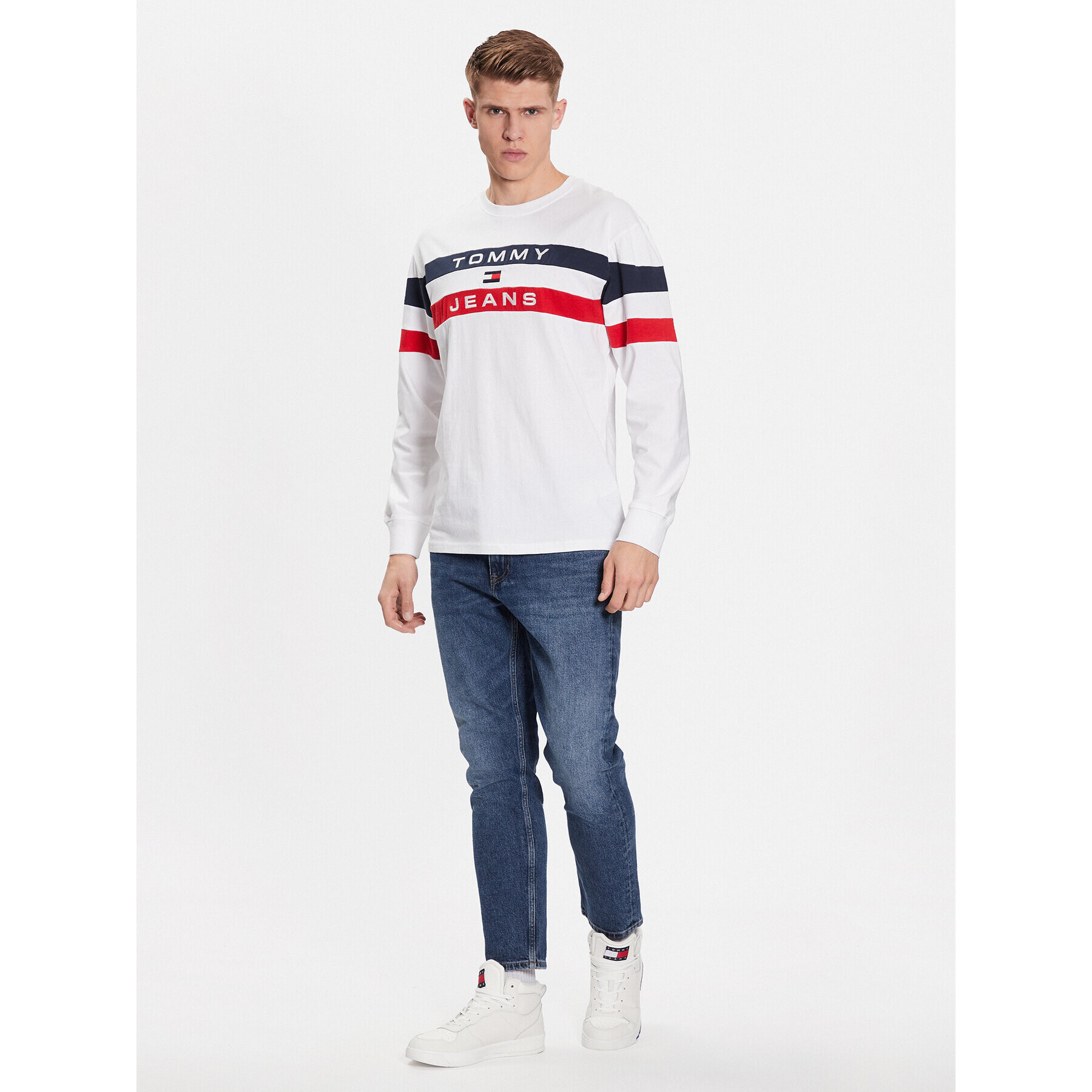 Tommy Jeans Longsleeve Colorblock DM0DM16834 Alb Relaxed Fit - Pled.ro