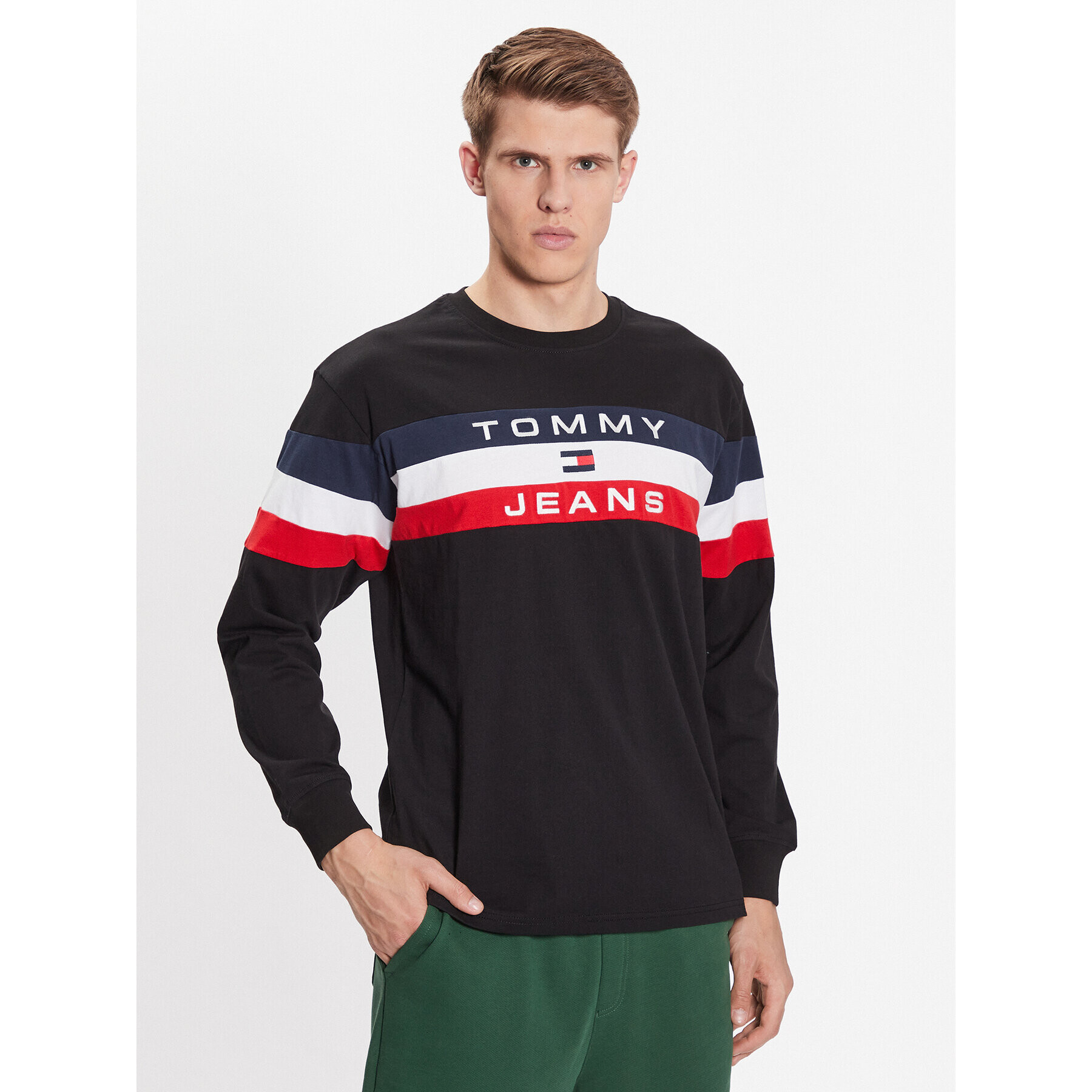 Tommy Jeans Longsleeve Colorblock DM0DM16834 Negru Relaxed Fit - Pled.ro