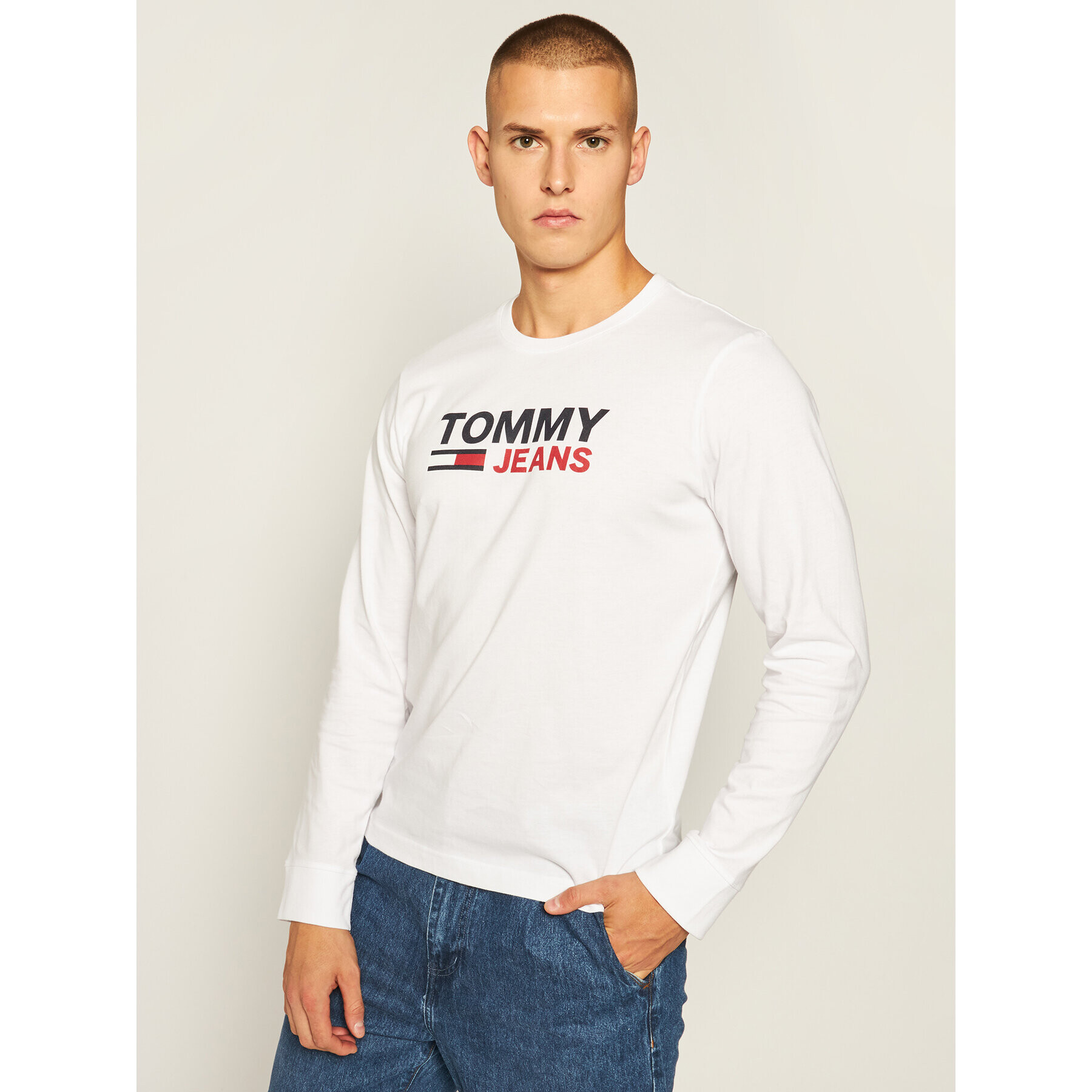 Tommy Jeans Longsleeve Corp Logo Tee DM0DM09487 Alb Regular Fit - Pled.ro