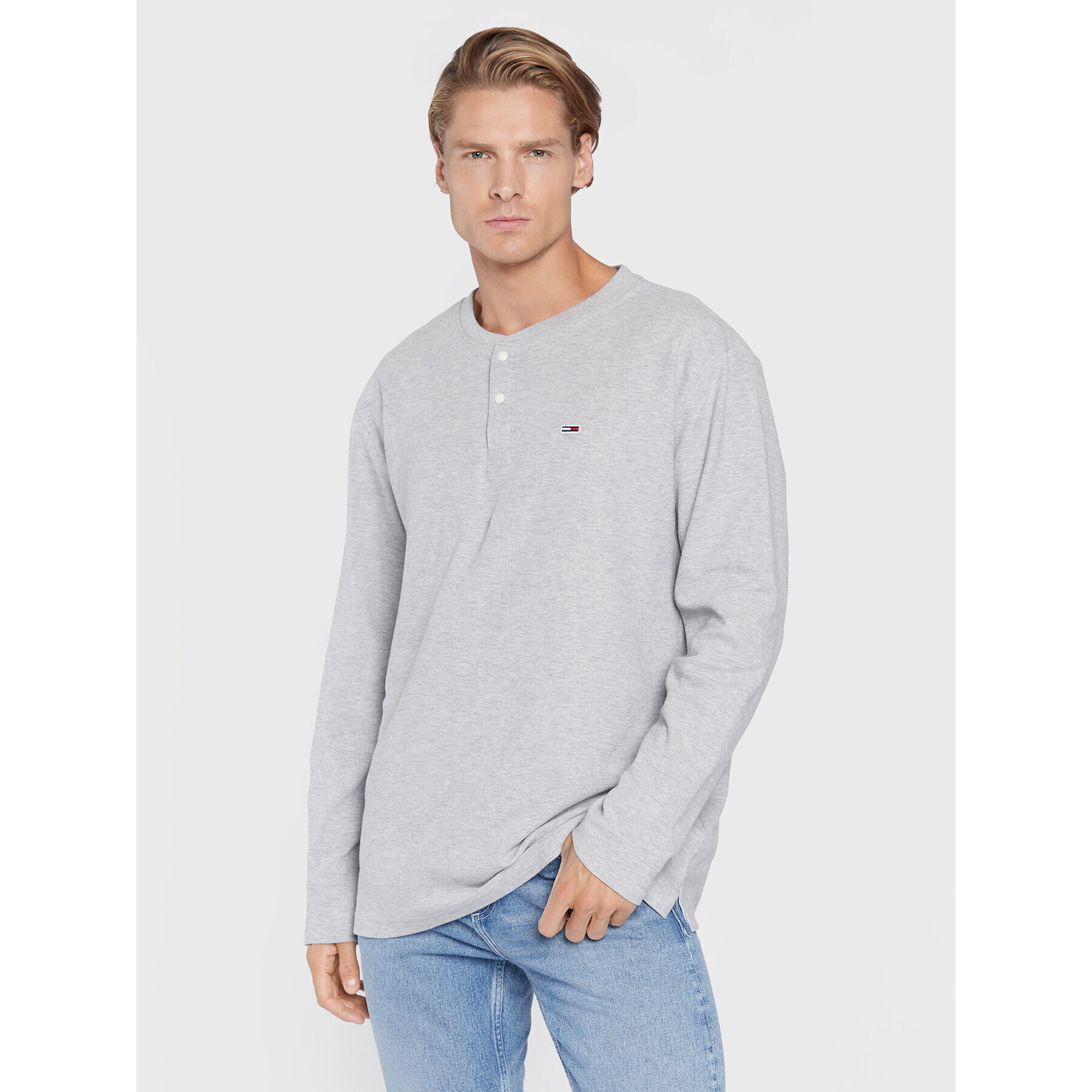 Tommy Jeans Longsleeve Waffle Henley DM0DM13817 Gri Regular Fit - Pled.ro