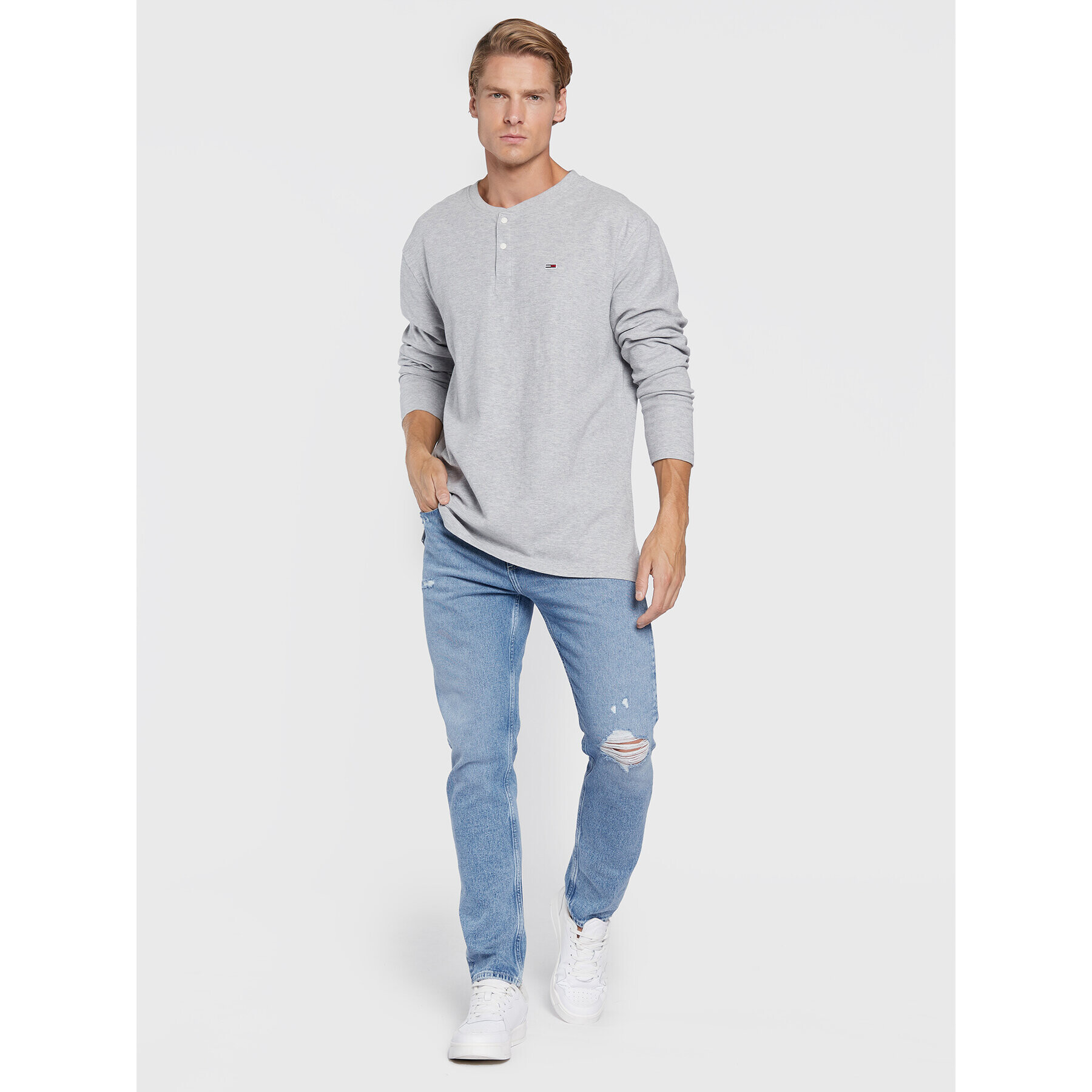 Tommy Jeans Longsleeve Waffle Henley DM0DM13817 Gri Regular Fit - Pled.ro