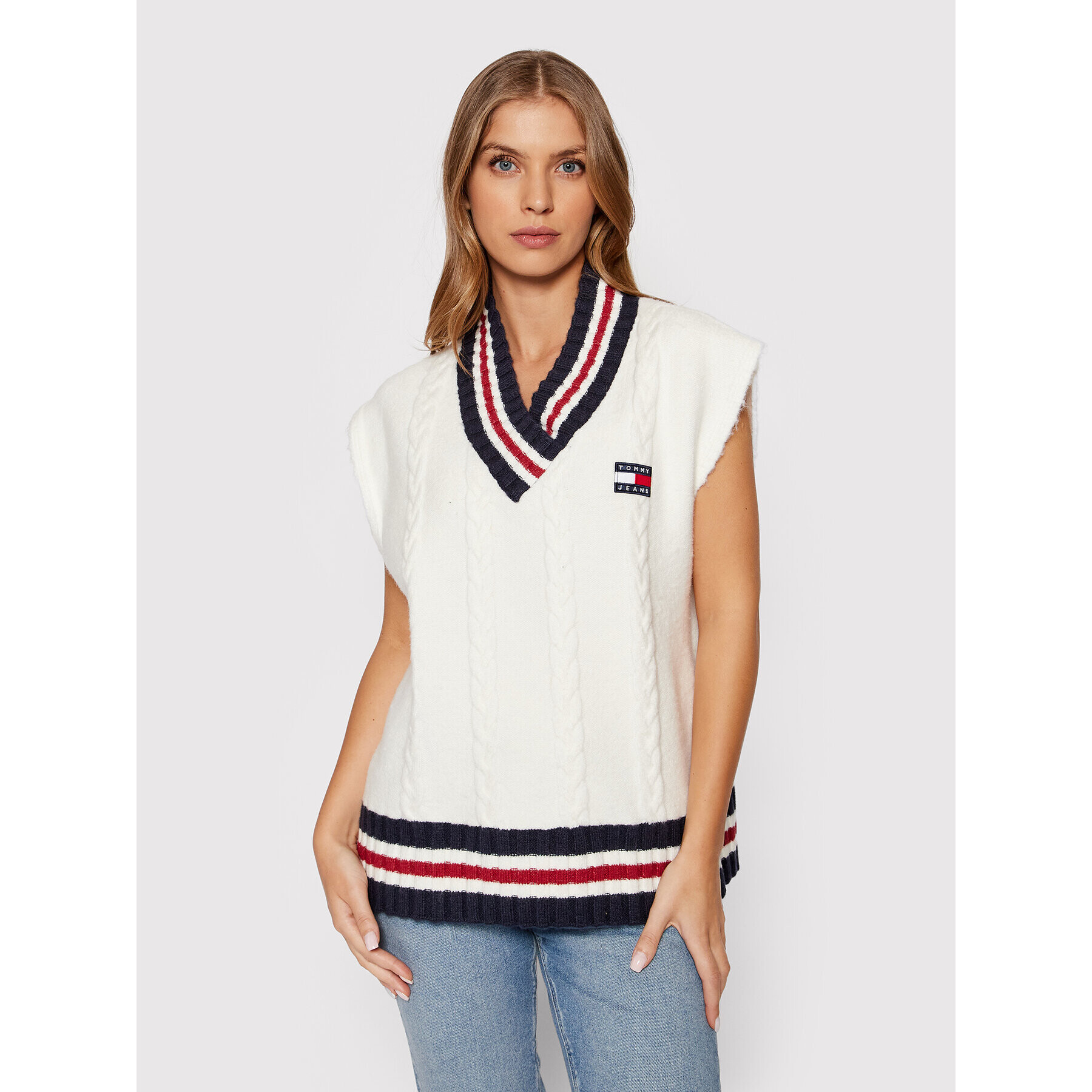 Tommy Jeans Pulover Badge DW0DW11723 Bej Oversize - Pled.ro