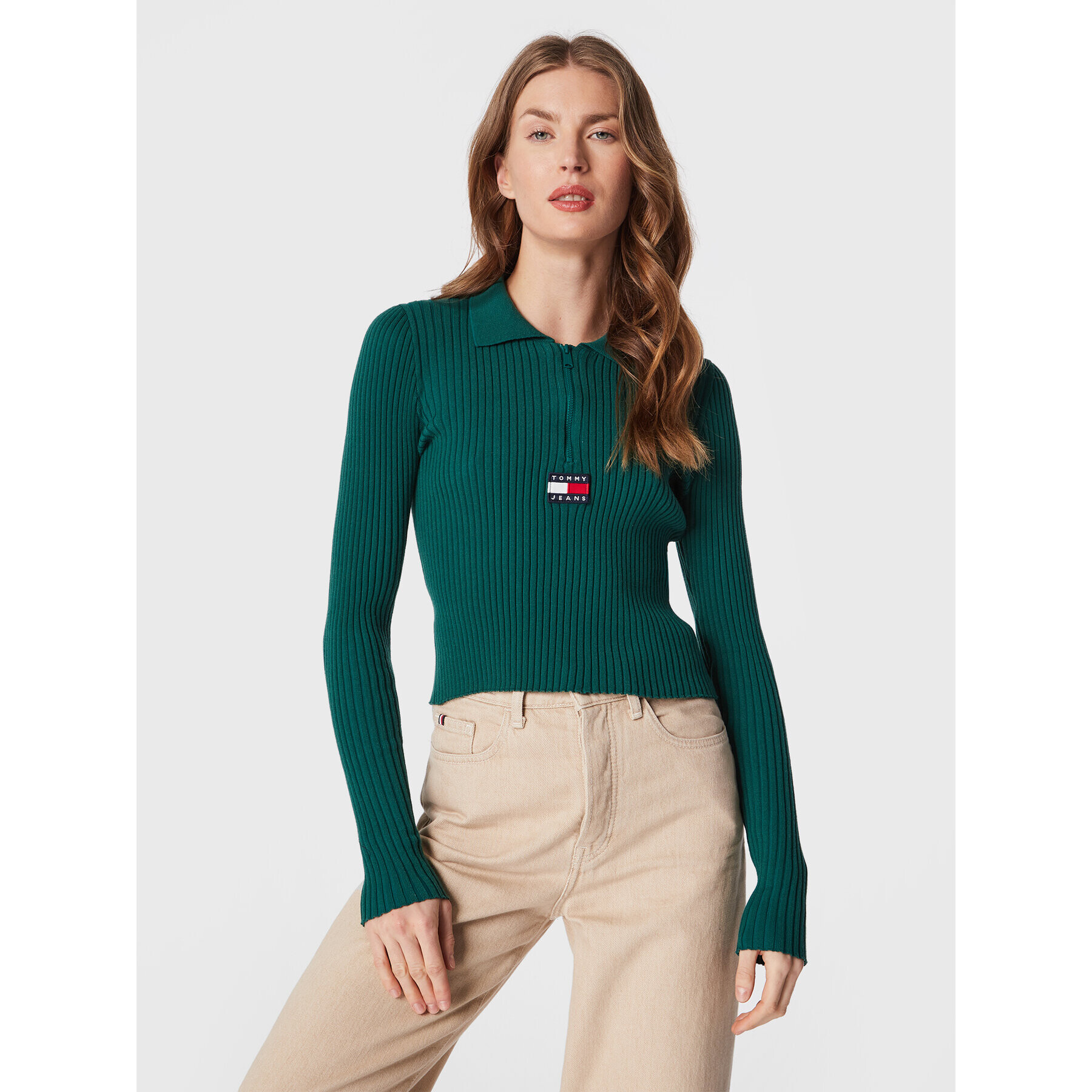 Tommy Jeans Pulover Badge DW0DW14260 Verde Slim Fit - Pled.ro