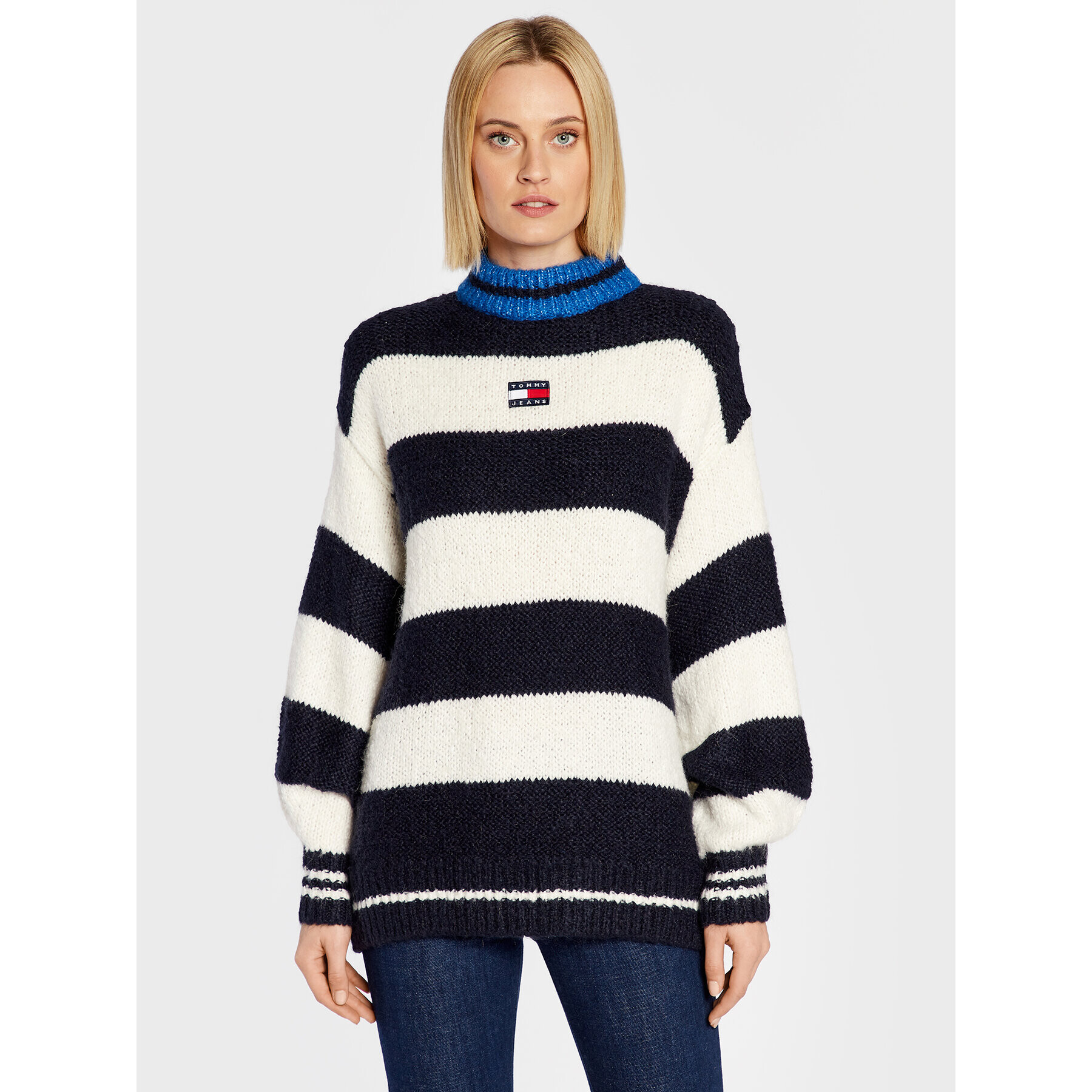 Tommy Jeans Pulover Blockstripe DW0DW14275 Bleumarin Oversize - Pled.ro