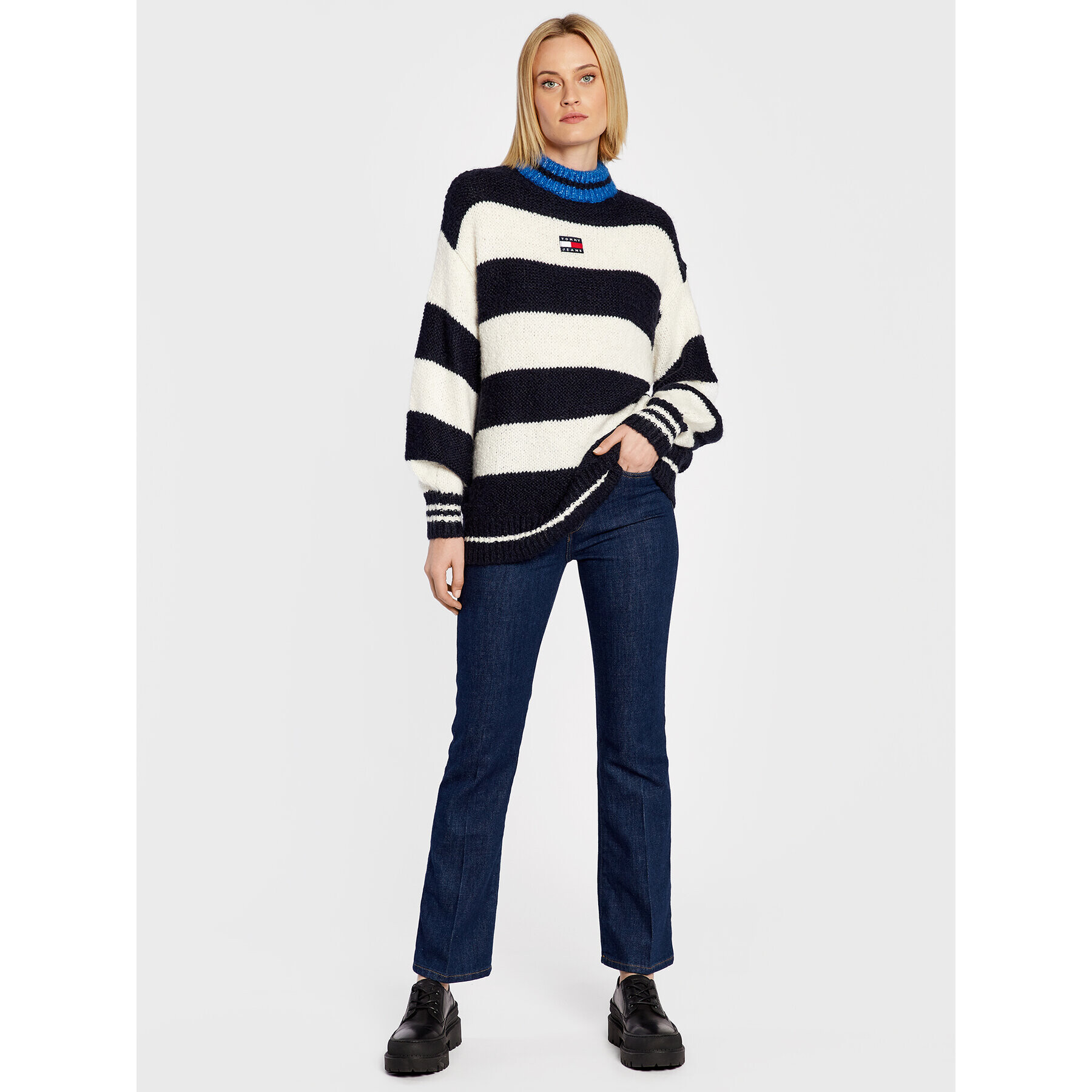 Tommy Jeans Pulover Blockstripe DW0DW14275 Bleumarin Oversize - Pled.ro