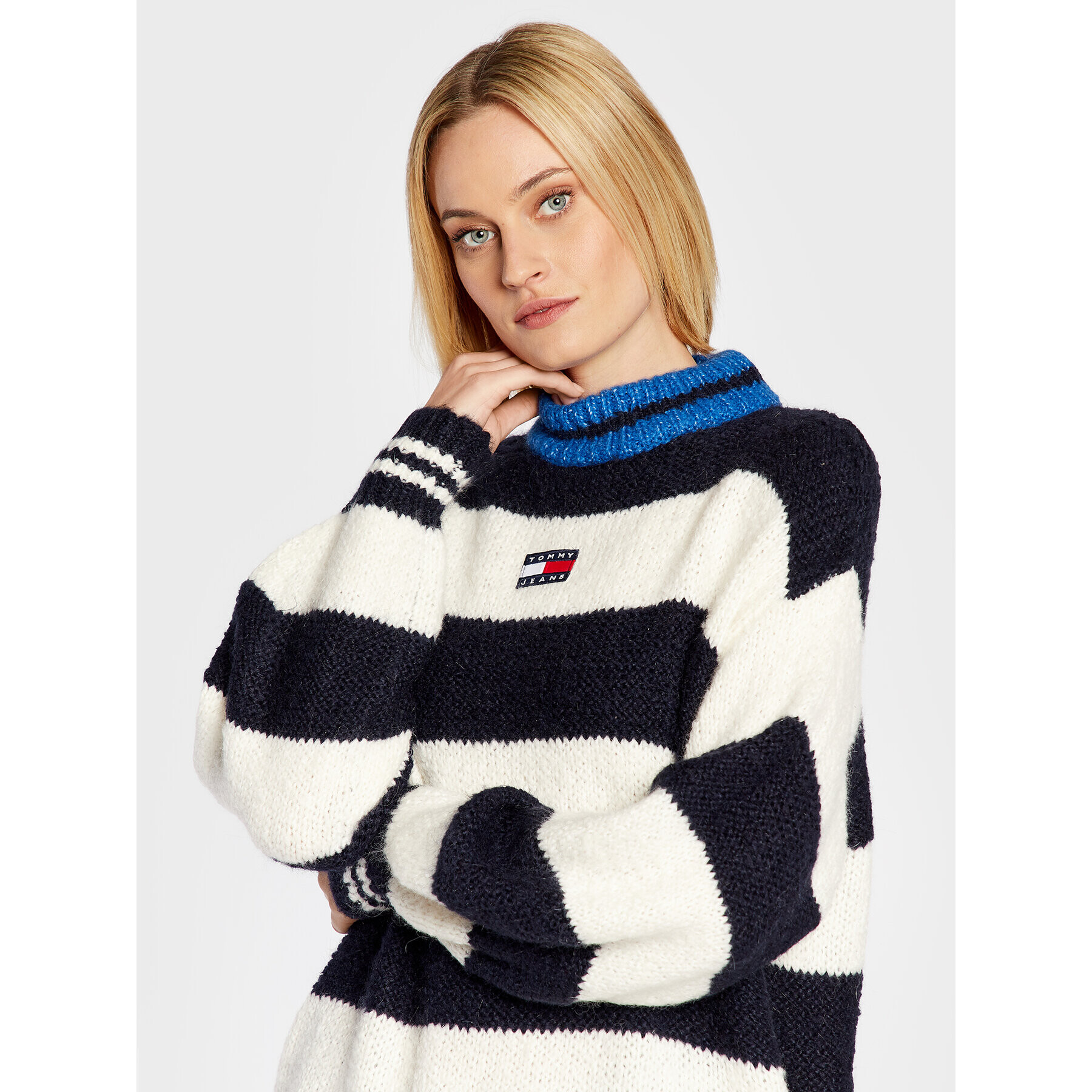 Tommy Jeans Pulover Blockstripe DW0DW14275 Bleumarin Oversize - Pled.ro