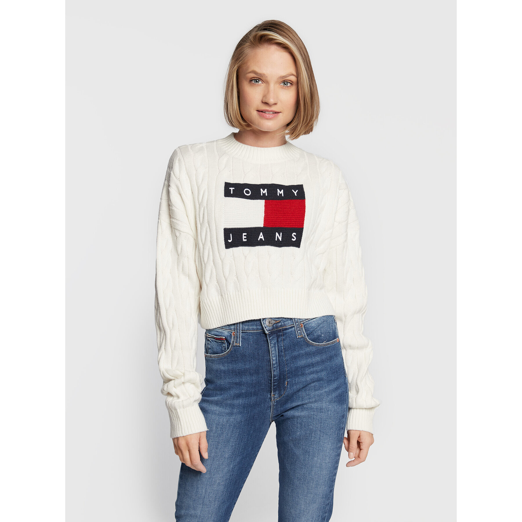 Tommy Jeans Pulover Center Flag DW0DW14261 Bej Boxy Fit - Pled.ro