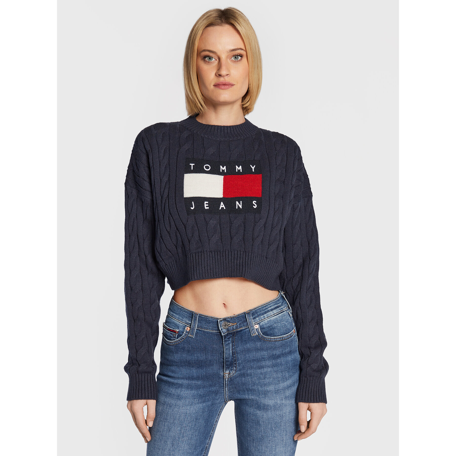 Tommy Jeans Pulover Center Flag DW0DW14261 Bleumarin Boxy Fit - Pled.ro