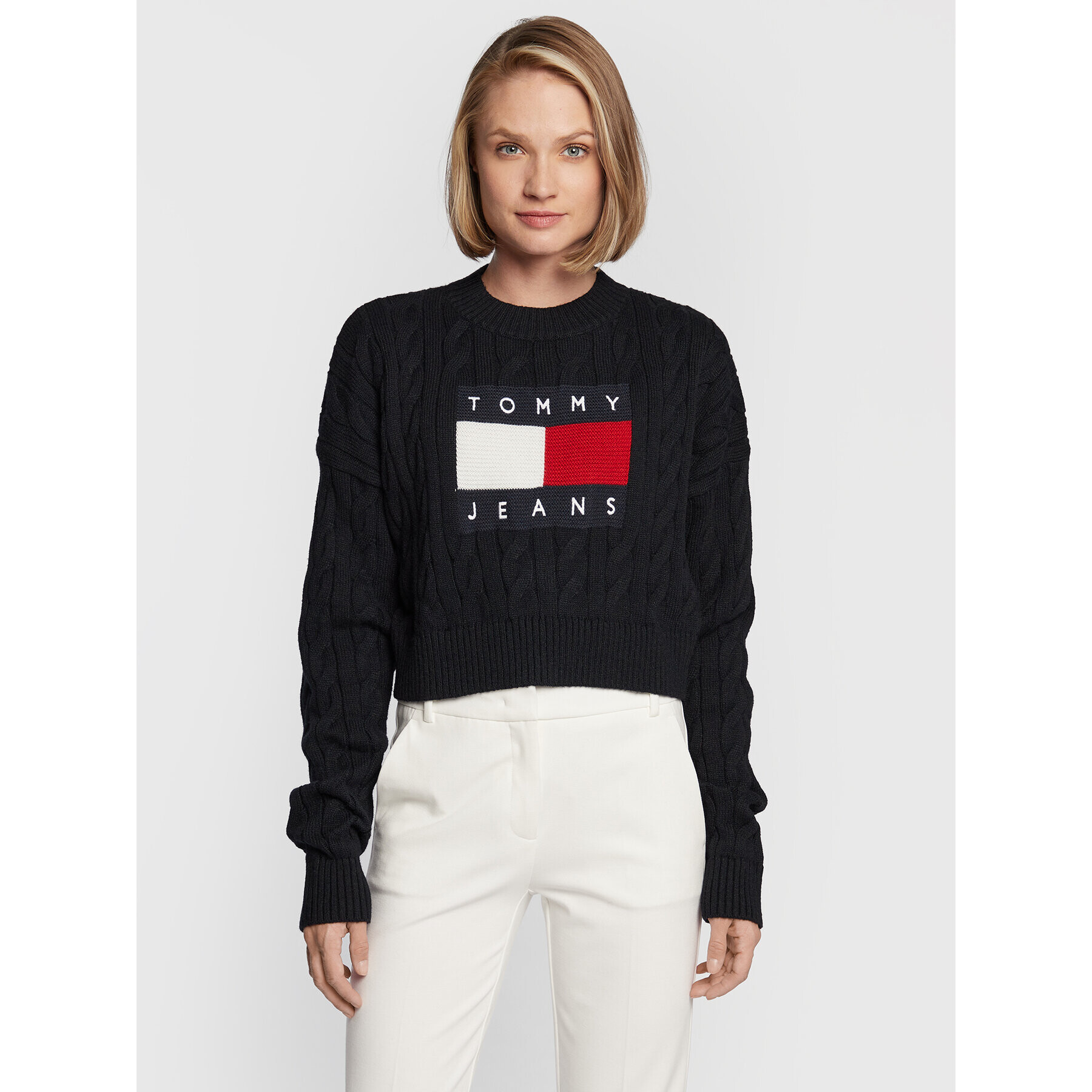 Tommy Jeans Pulover Center Flag DW0DW14261 Negru Boxy Fit - Pled.ro