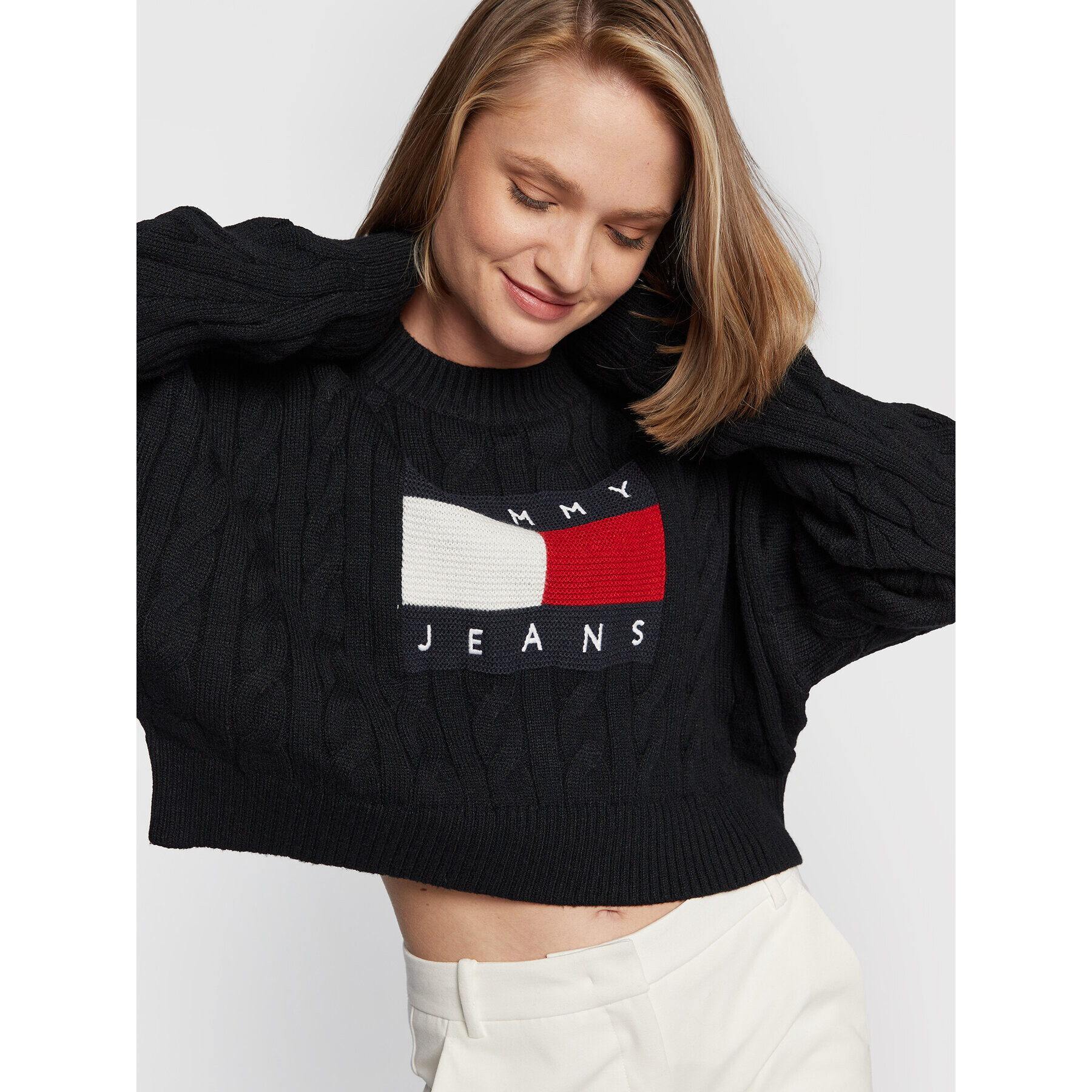 Tommy Jeans Pulover Center Flag DW0DW14261 Negru Boxy Fit - Pled.ro