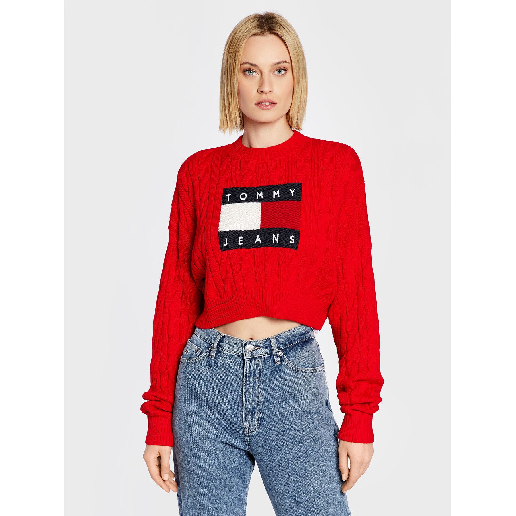 Tommy Jeans Pulover Center Flag DW0DW14261 Roșu Boxy Fit - Pled.ro