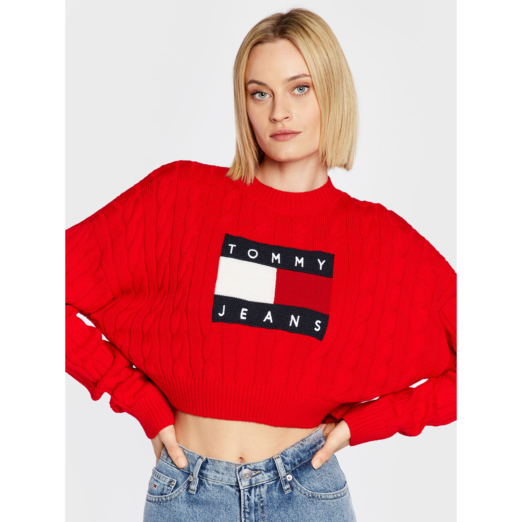 Tommy Jeans Pulover Center Flag DW0DW14261 Roșu Boxy Fit - Pled.ro