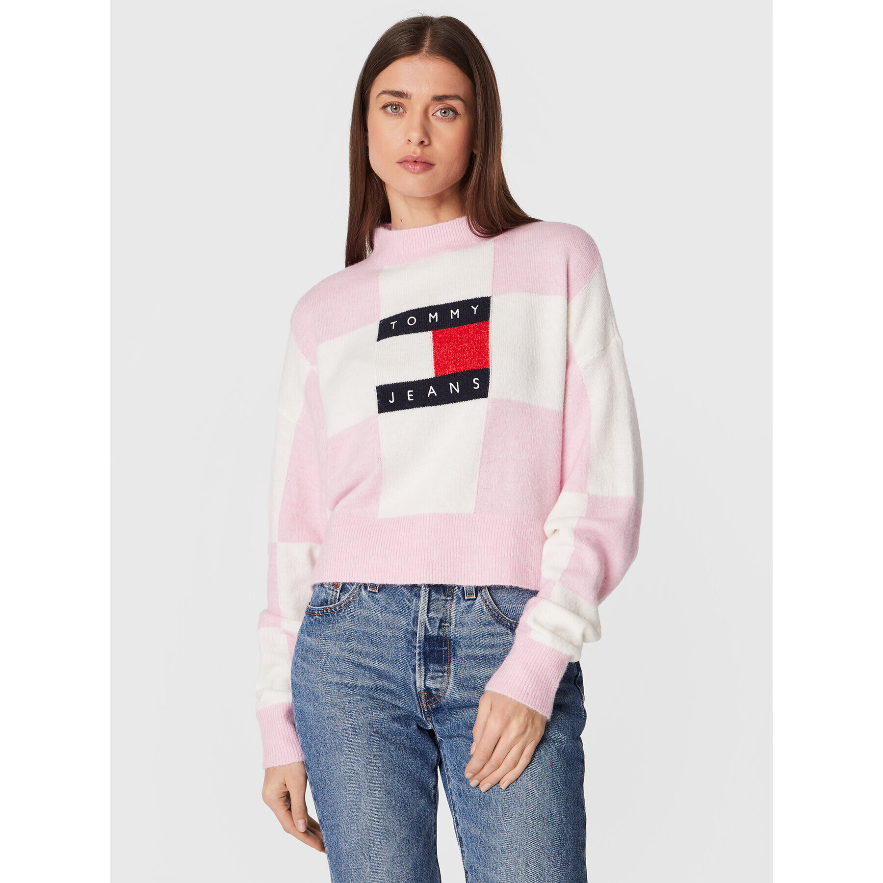 Tommy Jeans Pulover Checker Flag DW0DW14316 Roz Relaxed Fit - Pled.ro