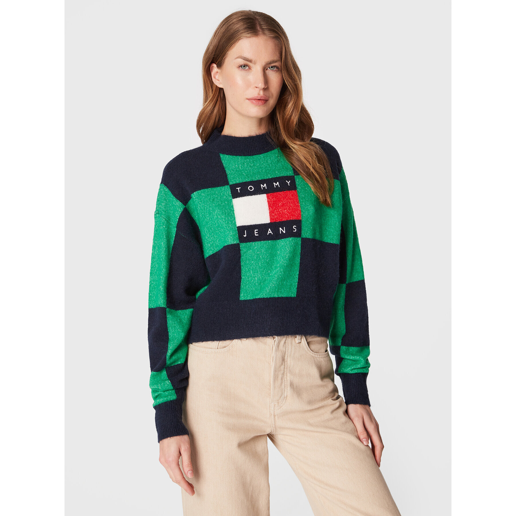 Tommy Jeans Pulover Checker Flag DW0DW14316 Verde Relaxed Fit - Pled.ro