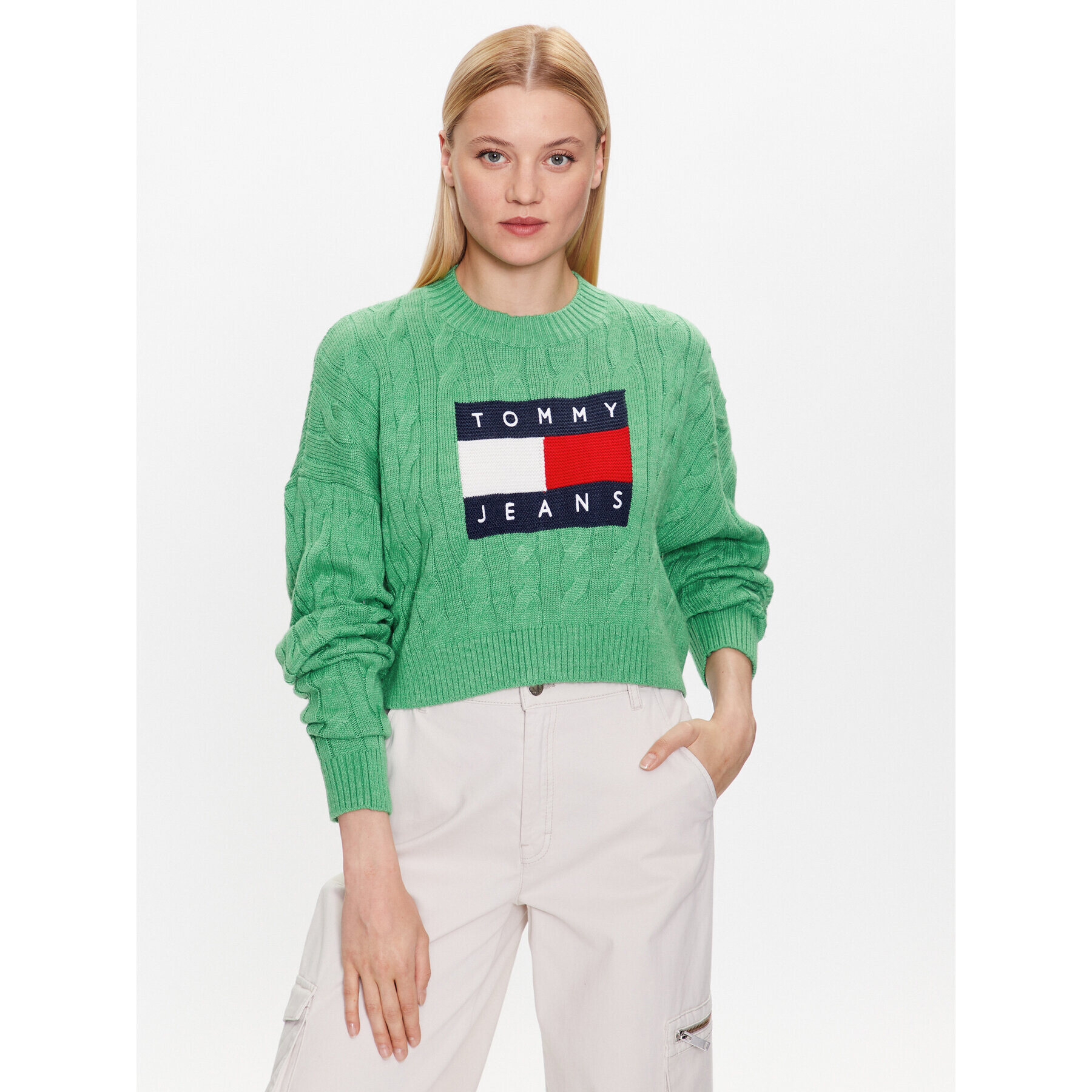 Tommy Jeans Pulover DW0DW14261 Verde Regular Fit - Pled.ro