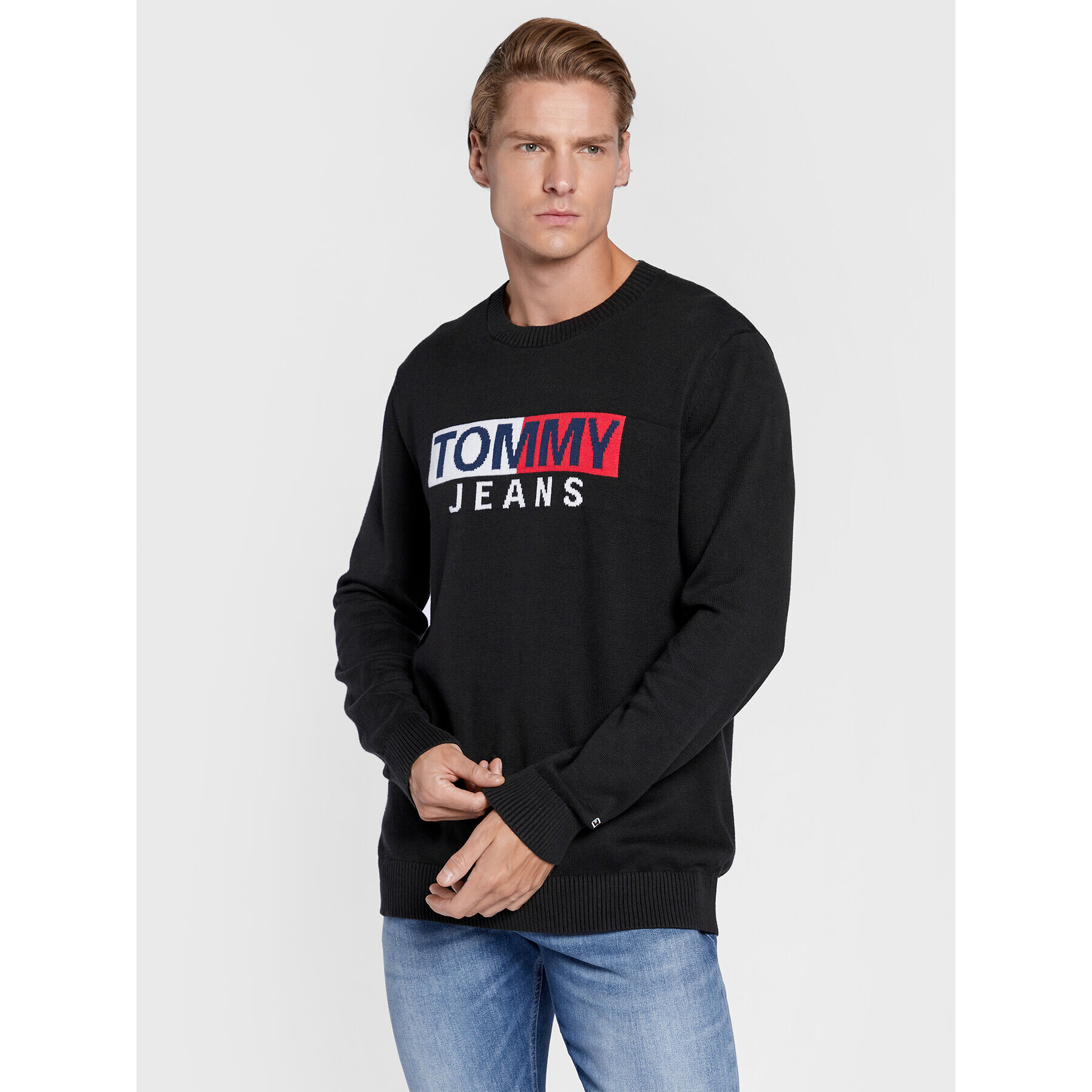 Tommy Jeans Pulover Entry Flag DM0DM13755 Negru Relaxed Fit - Pled.ro