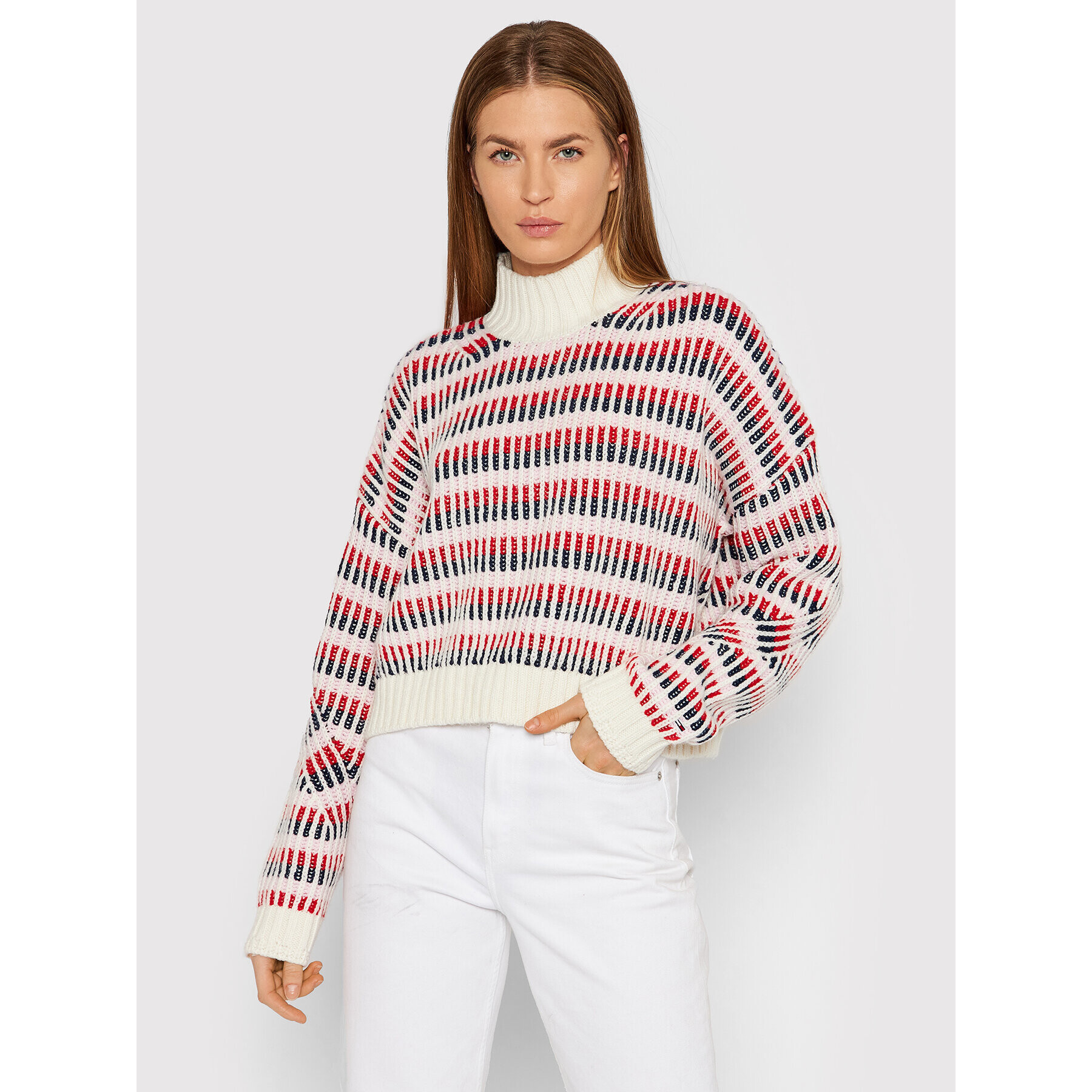 Tommy Jeans Pulover Multi Plaited DW0DW11003 Alb Regular Fit - Pled.ro