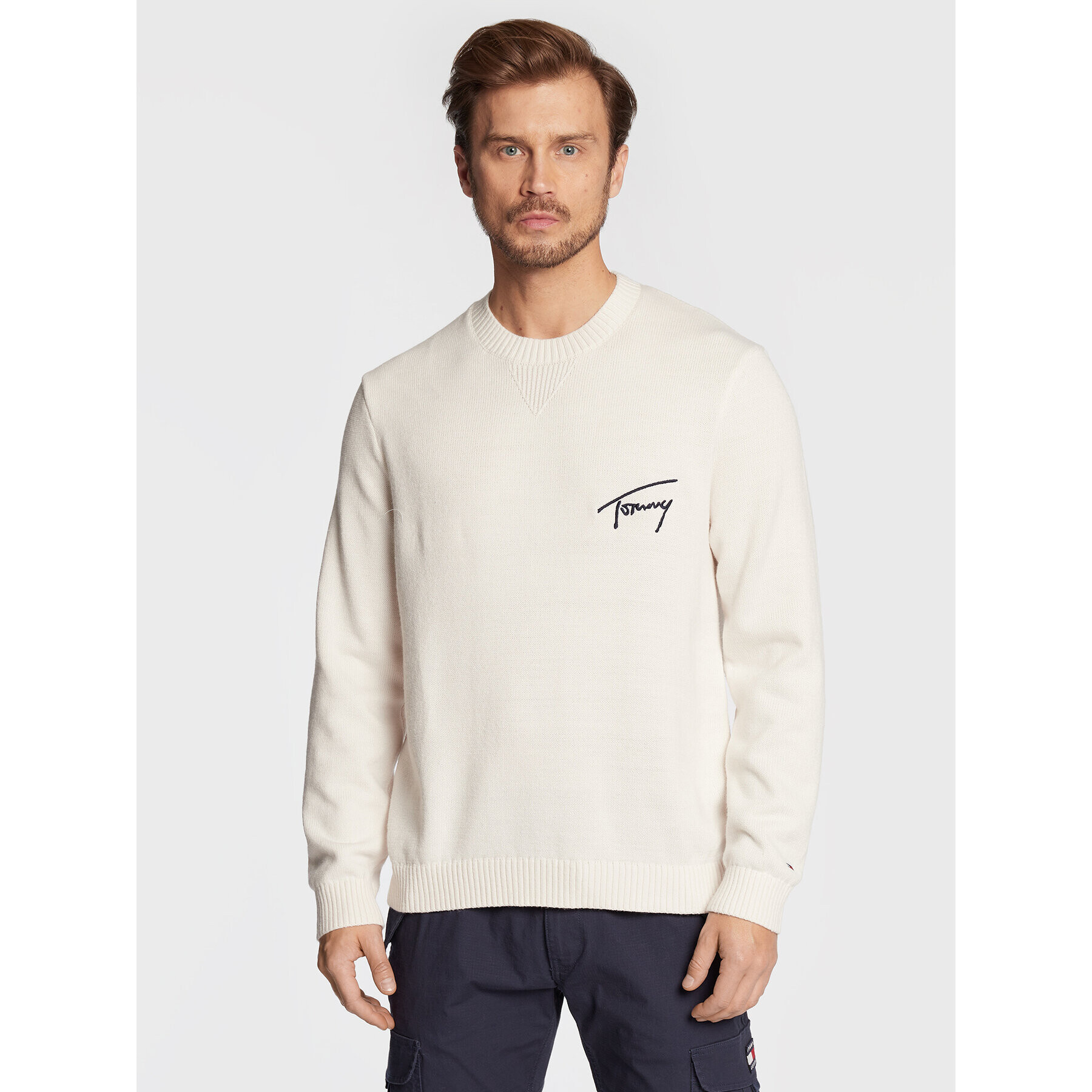 Tommy Jeans Pulover Signature DM0DM15062 Alb Relaxed Fit - Pled.ro