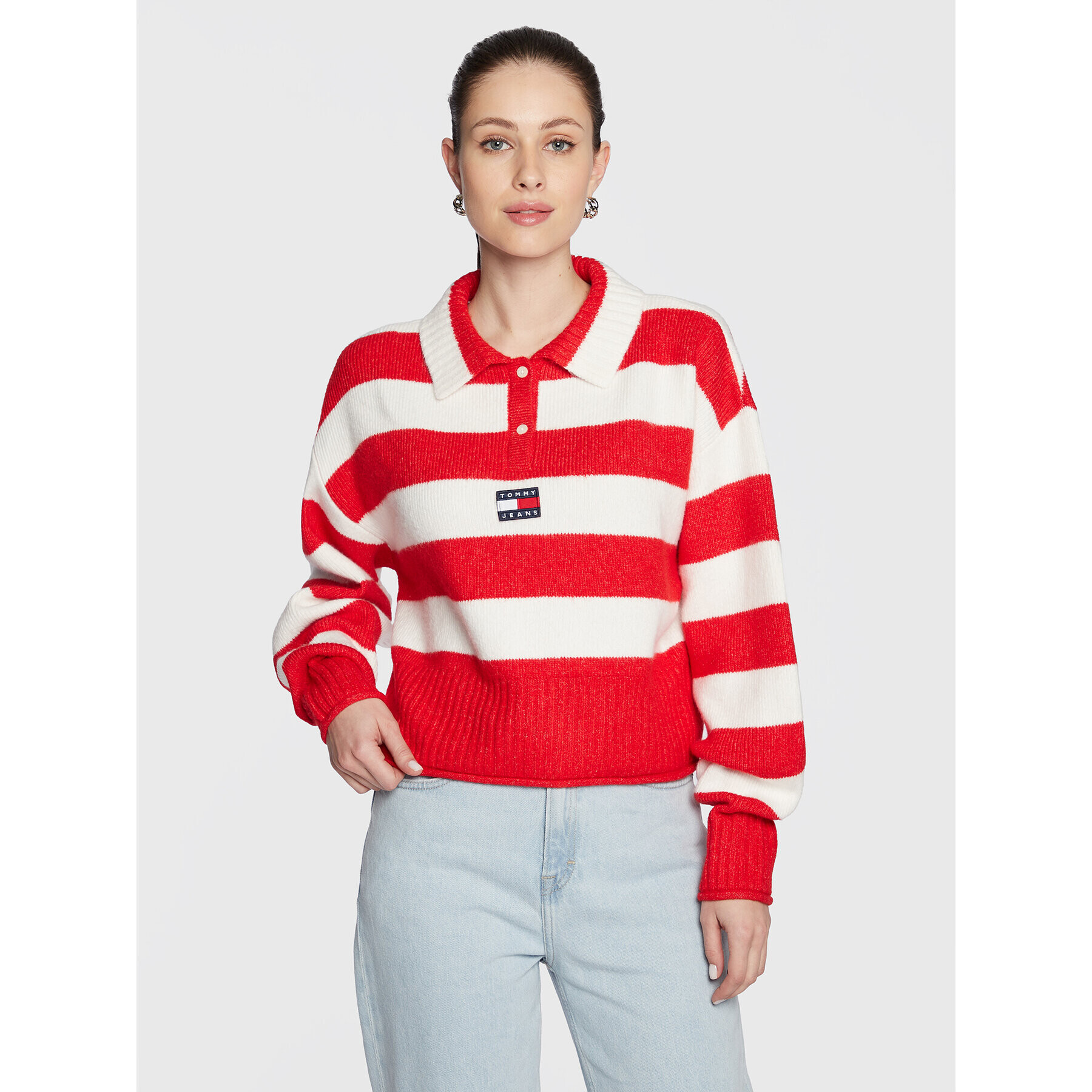 Tommy Jeans Pulover Stripe Badge DW0DW14956 Roșu Regular Fit - Pled.ro