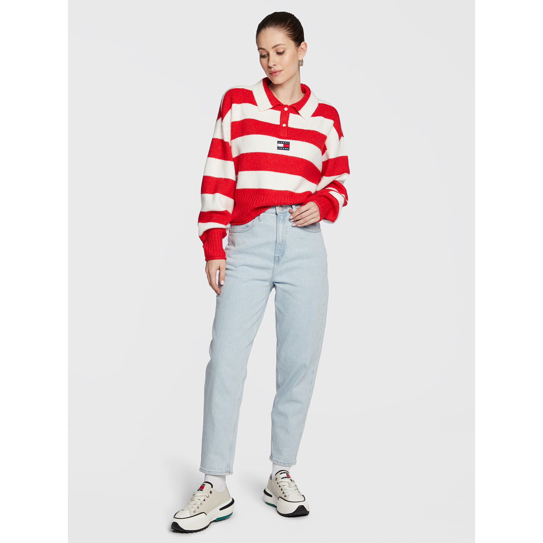 Tommy Jeans Pulover Stripe Badge DW0DW14956 Roșu Regular Fit - Pled.ro