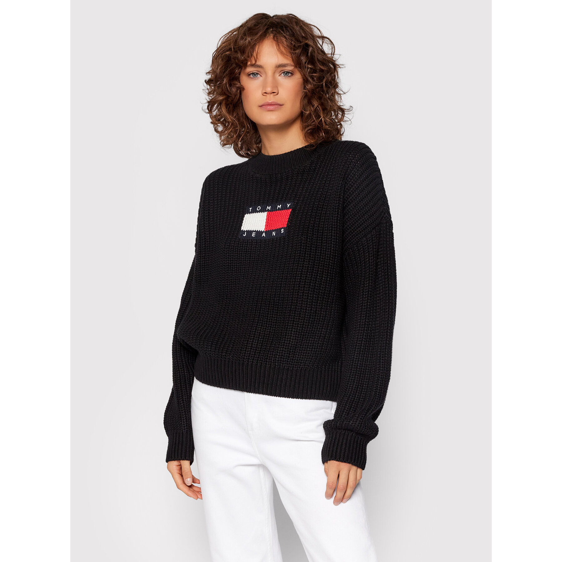 Tommy Jeans Pulover Tjw Center Flag DW0DW11001 Negru Relaxed Fit - Pled.ro