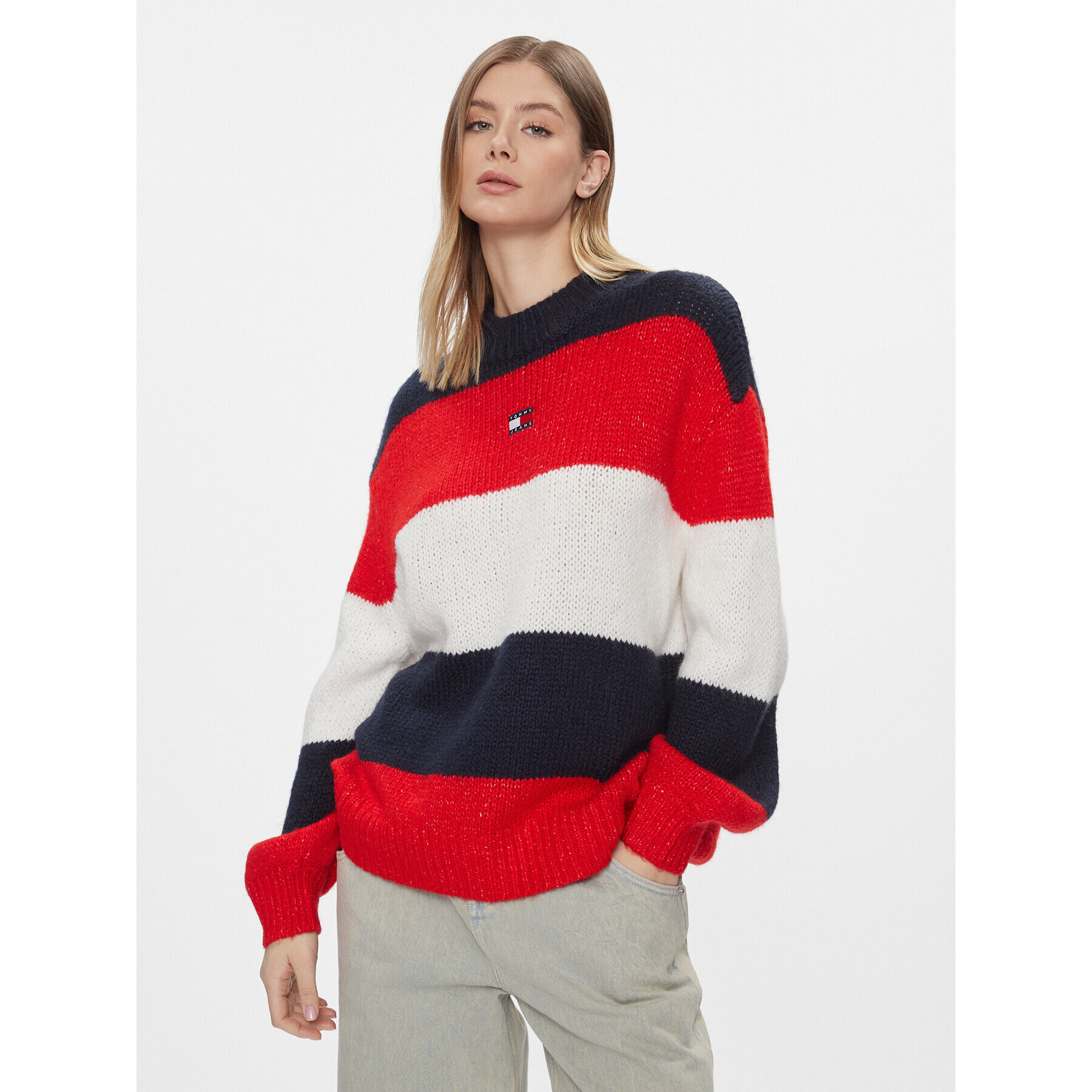 Tommy Jeans Pulover Tjw Colorblock Sweater DW0DW17495 Bleumarin Regular Fit - Pled.ro