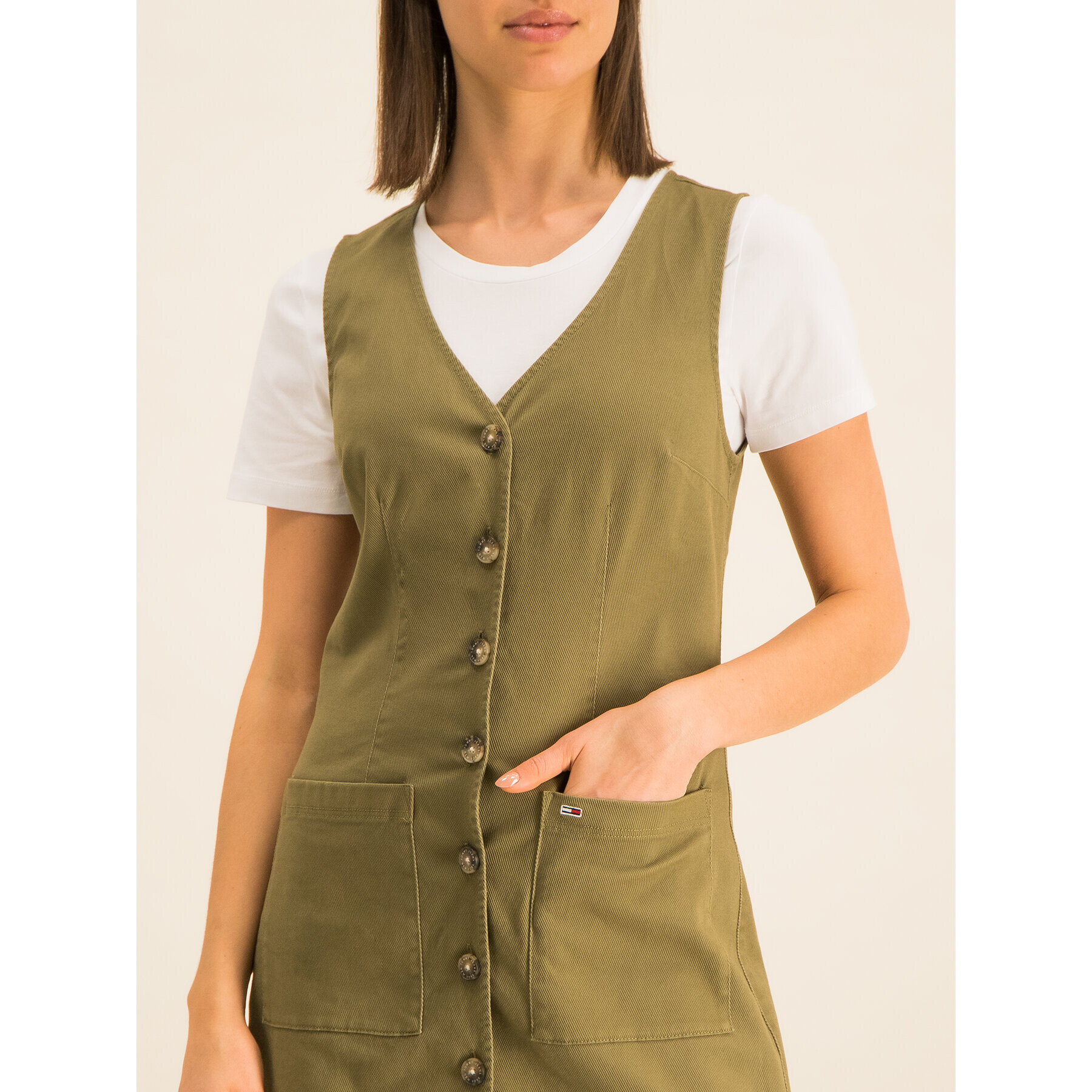 Tommy Jeans Rochie de blugi Dungaree DW0DW07750 Verde Regular Fit - Pled.ro