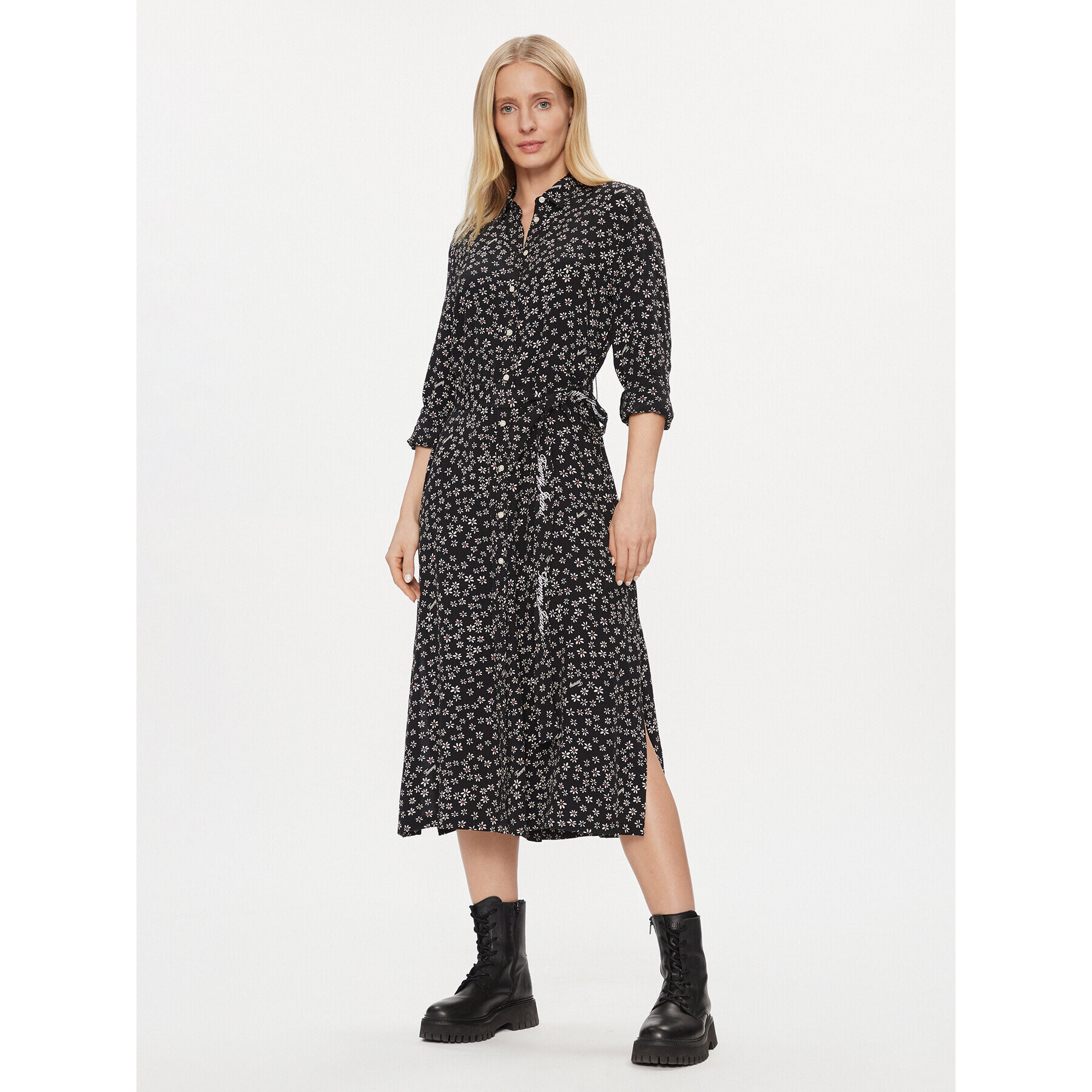 Tommy Jeans Rochie tip cămașă Tjw Ditsy Belted Midi Dress Ext DW0DW17419 Negru Regular Fit - Pled.ro