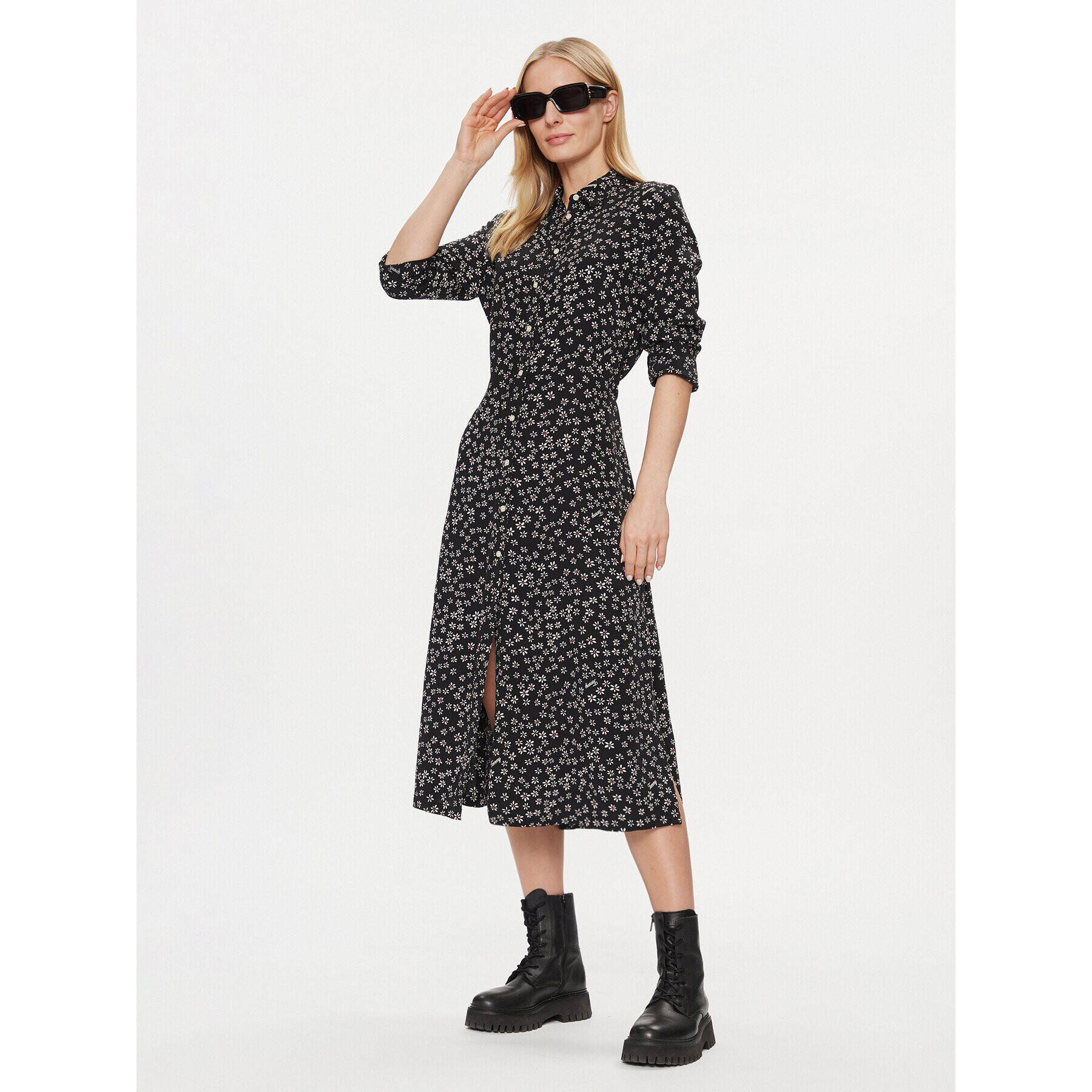 Tommy Jeans Rochie tip cămașă Tjw Ditsy Belted Midi Dress Ext DW0DW17419 Negru Regular Fit - Pled.ro