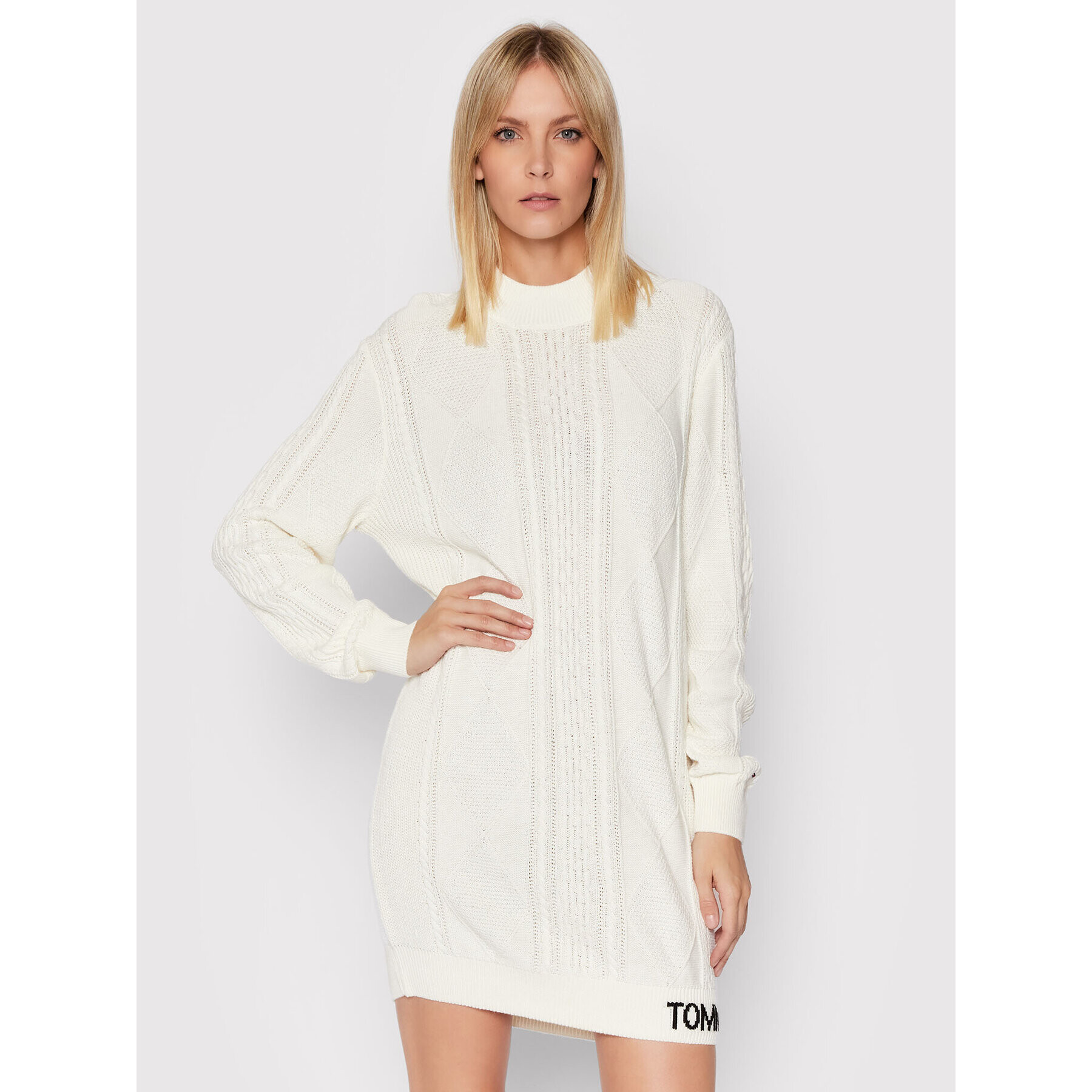 Tommy Jeans Rochie tricotată Cable DW0DW11270 Alb Regular Fit - Pled.ro