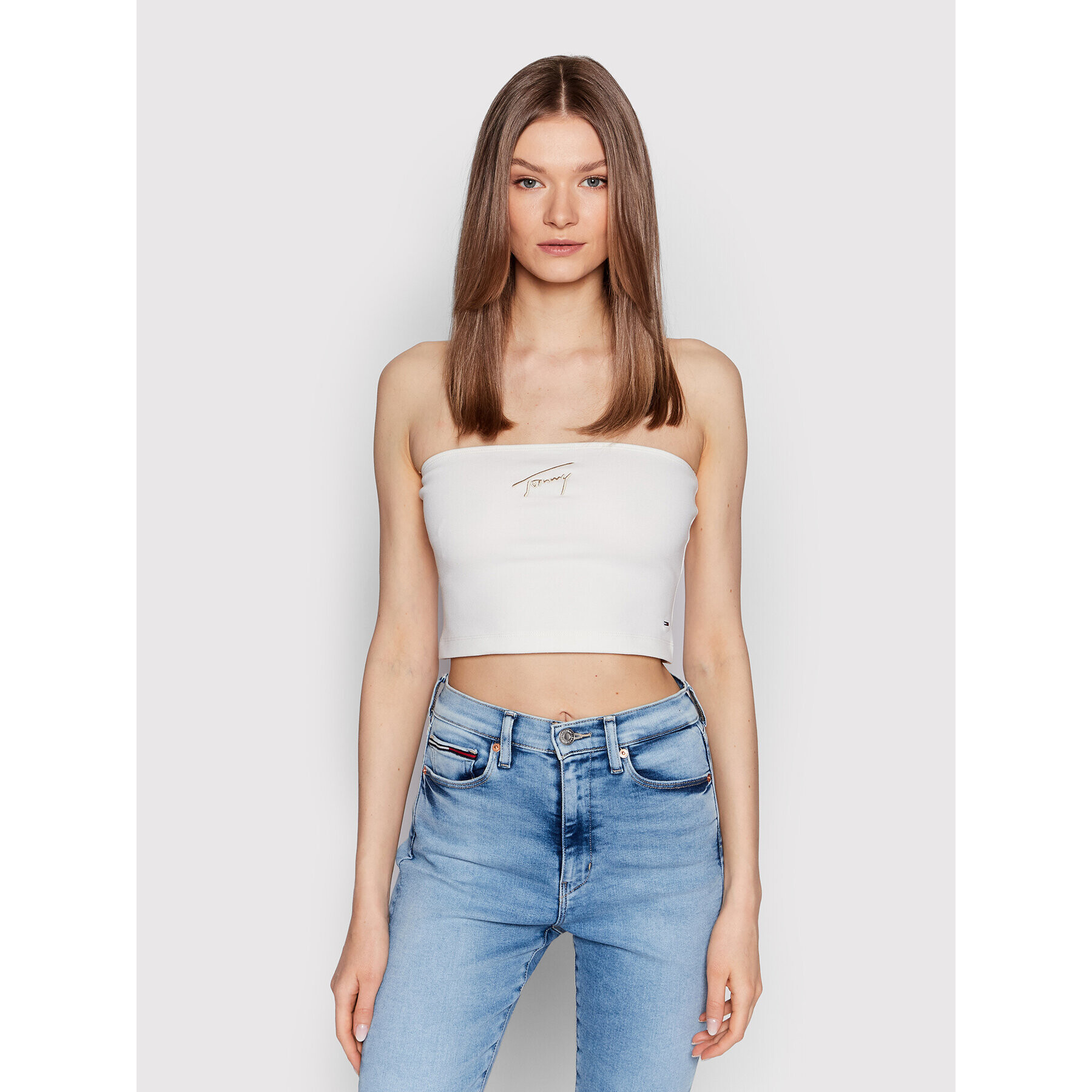 Tommy Jeans Top Signature DW0DW12733 Alb Cropp Fit - Pled.ro