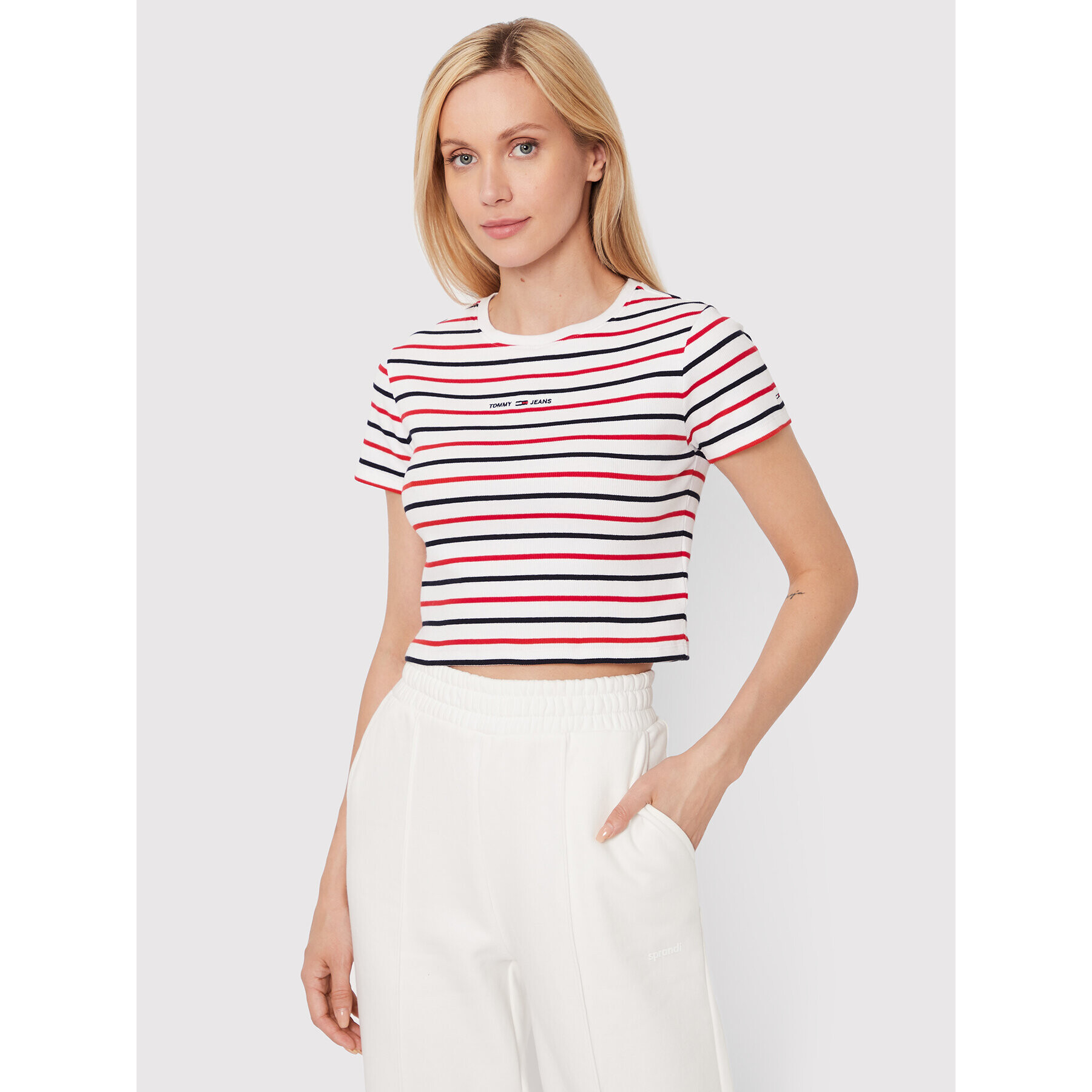 Tommy Jeans Tricou Baby Crop DW0DW12928 Alb Slim Fit - Pled.ro